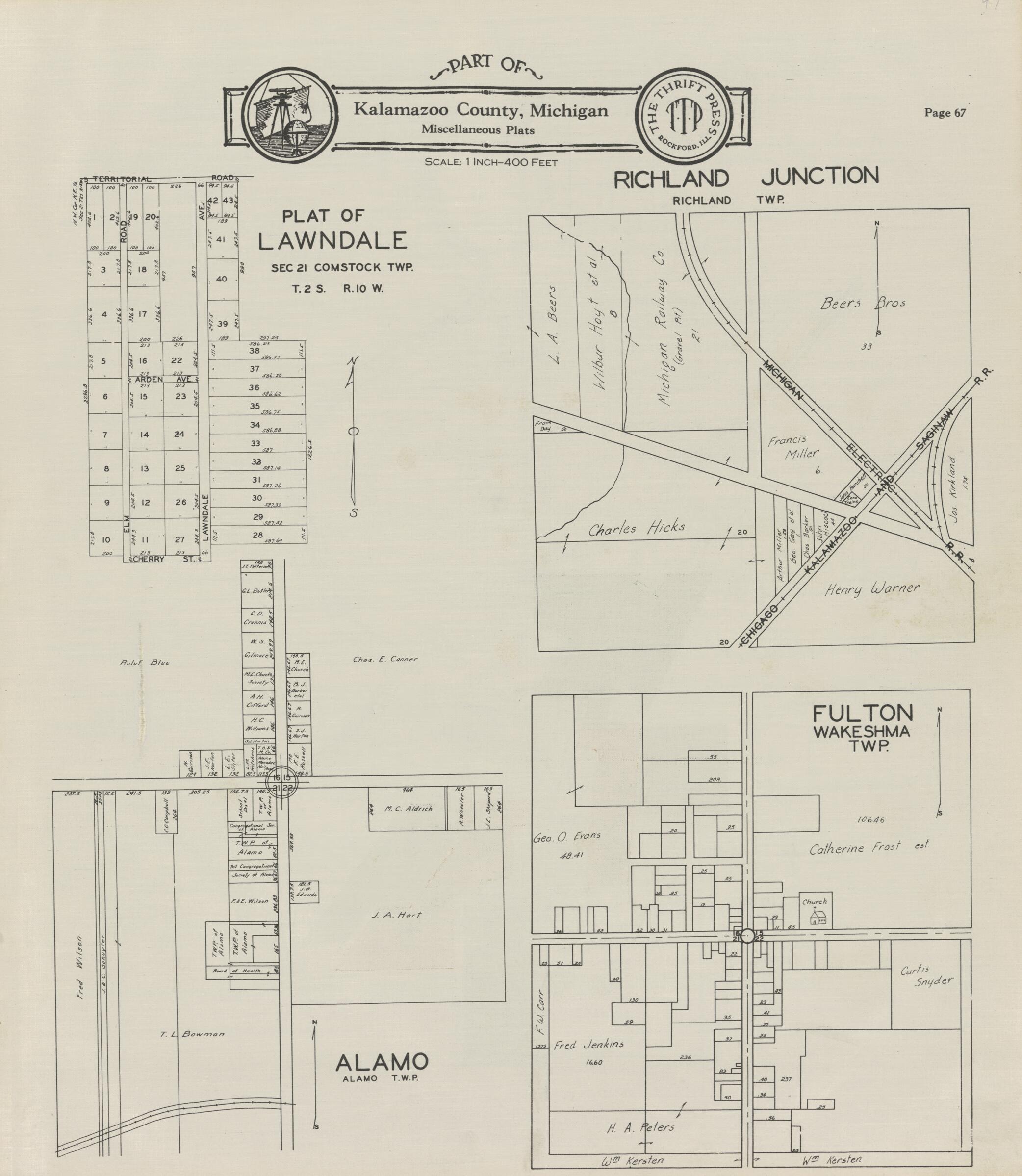 This old map of Part of Kalamazoo County; Lawndale, Richland Junction, Fulton, and Alamo from Atlas and Plat Book, Kalamazoo County, Michigan from 1928 was created by Ill.) Thrift Press (Rockford in 1928