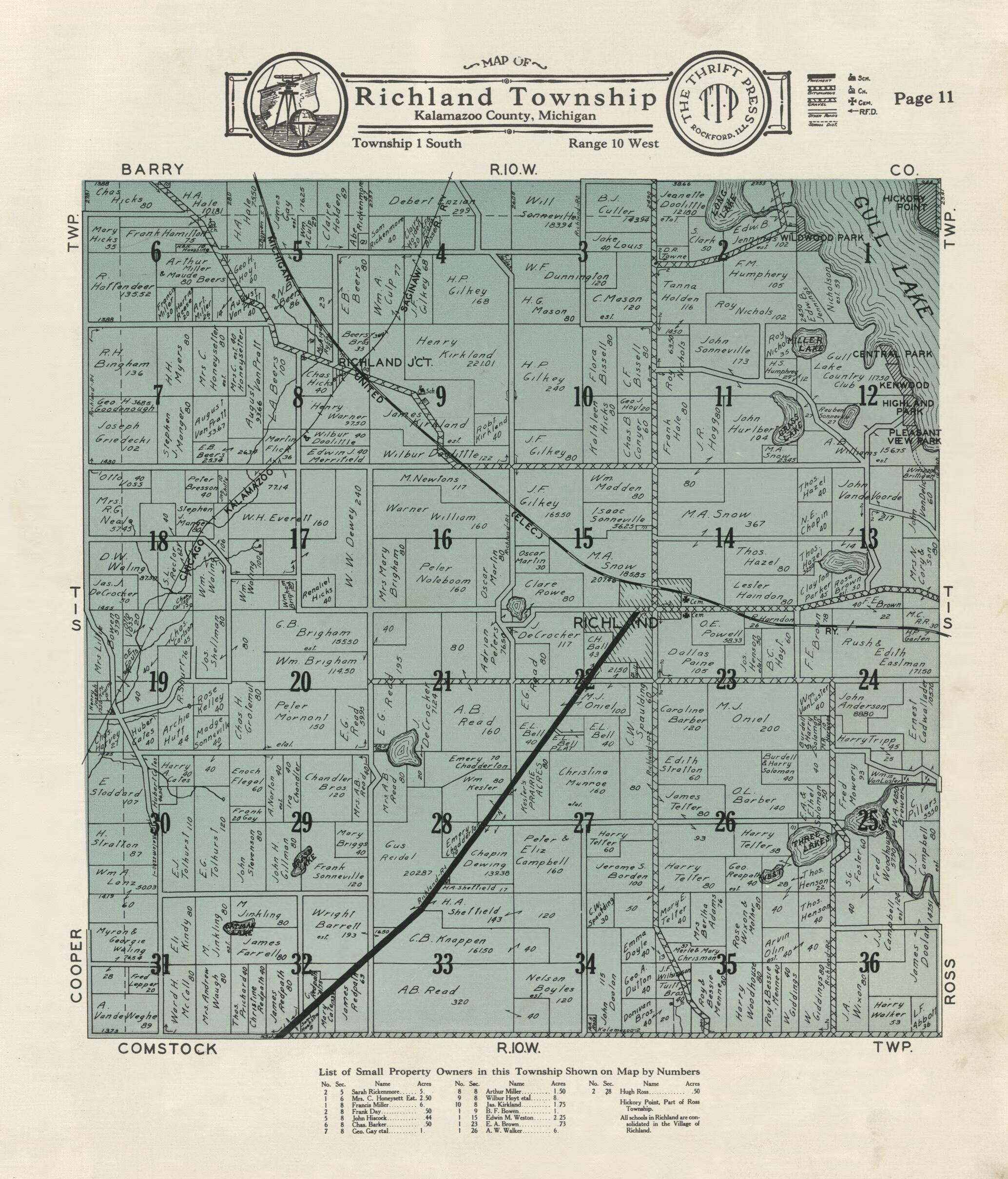 This old map of Map of Richland Township from Atlas and Plat Book, Kalamazoo County, Michigan from 1928 was created by Ill.) Thrift Press (Rockford in 1928