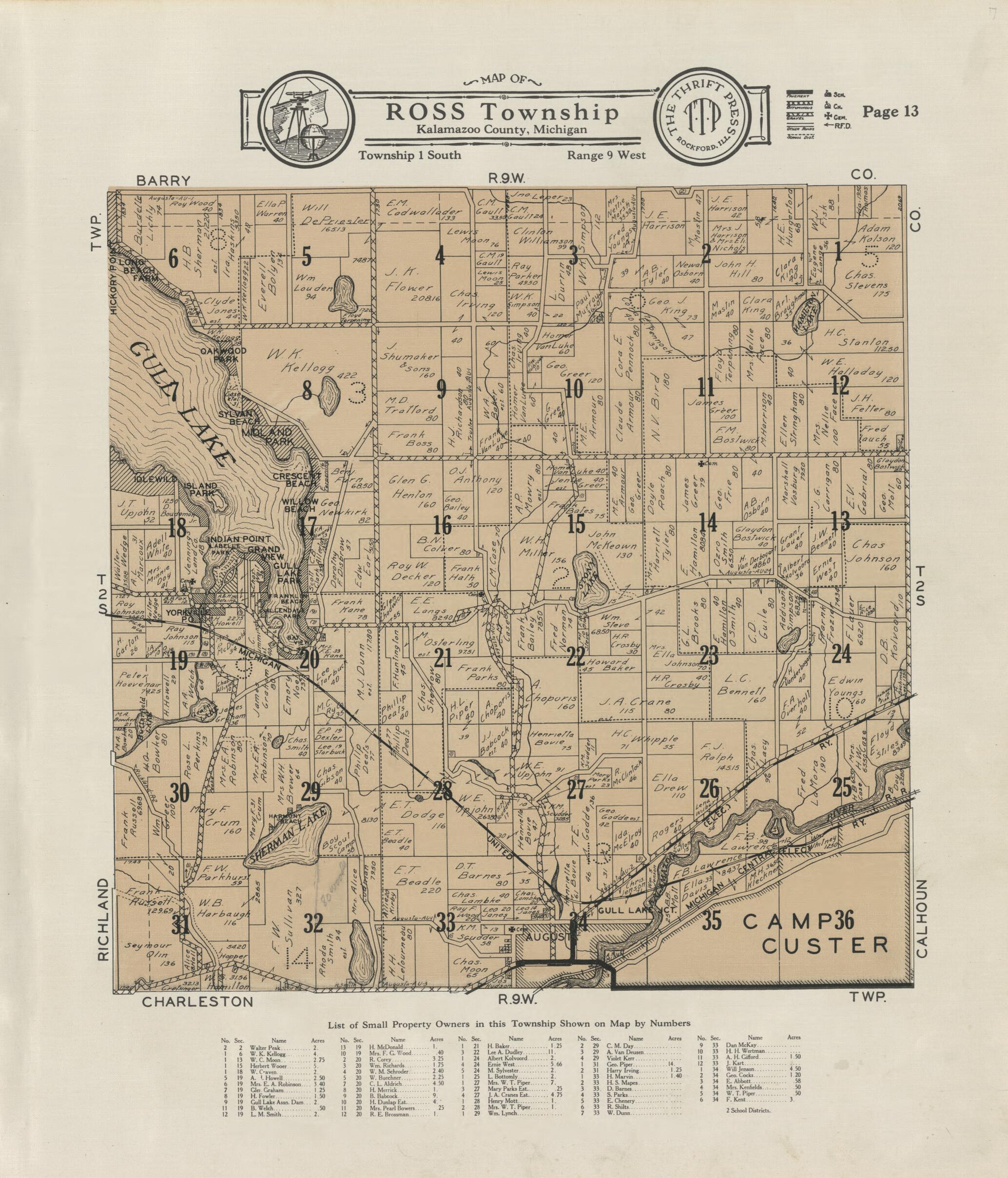 This old map of Map of Ross Township from Atlas and Plat Book, Kalamazoo County, Michigan from 1928 was created by Ill.) Thrift Press (Rockford in 1928