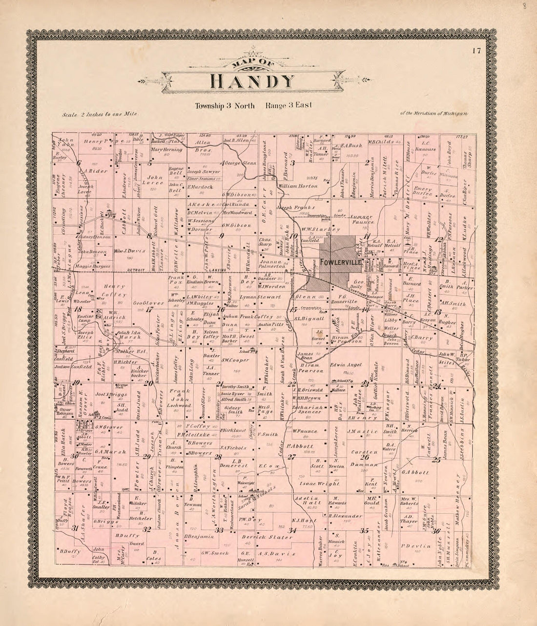 This old map of Handy from Standard Atlas of Livingston County, Michigan from 1895 was created by  Geo. A. Ogle &amp; Co in 1895