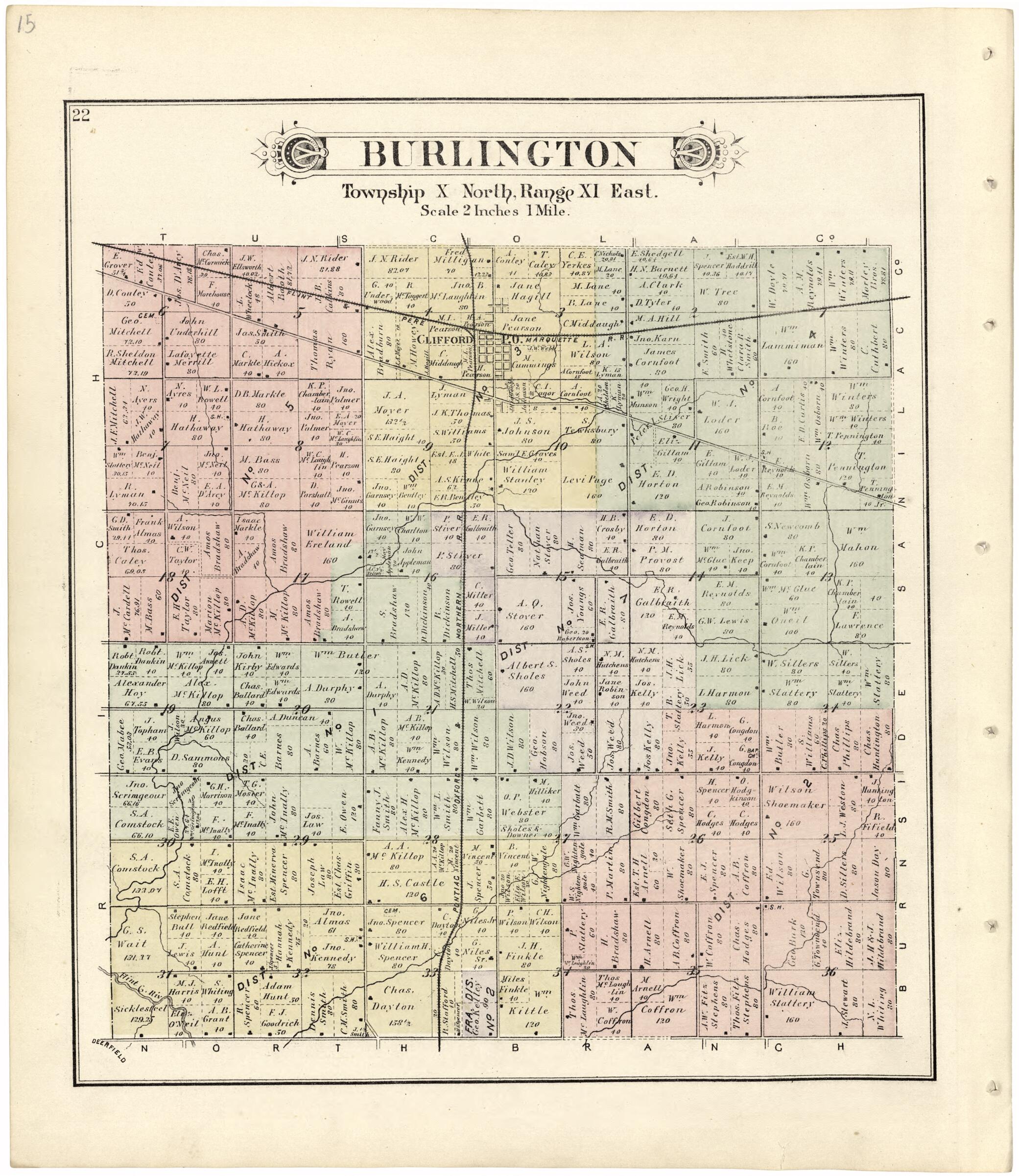 This old map of Burlington from Atlas and Directory of Lapeer County, Michigan from 1893 was created by  E. Robinson Co in 1893