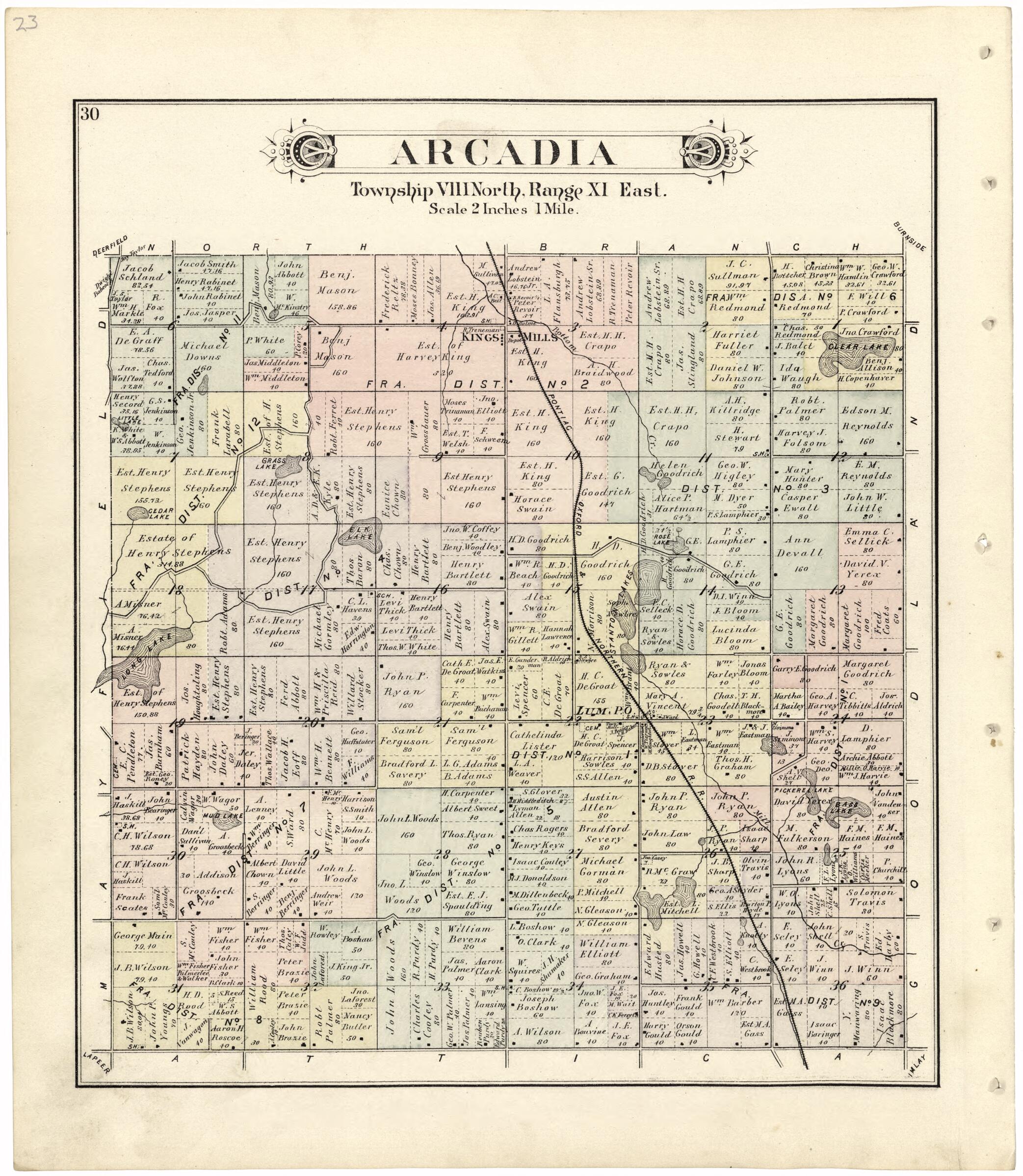 This old map of Arcadia from Atlas and Directory of Lapeer County, Michigan from 1893 was created by  E. Robinson Co in 1893