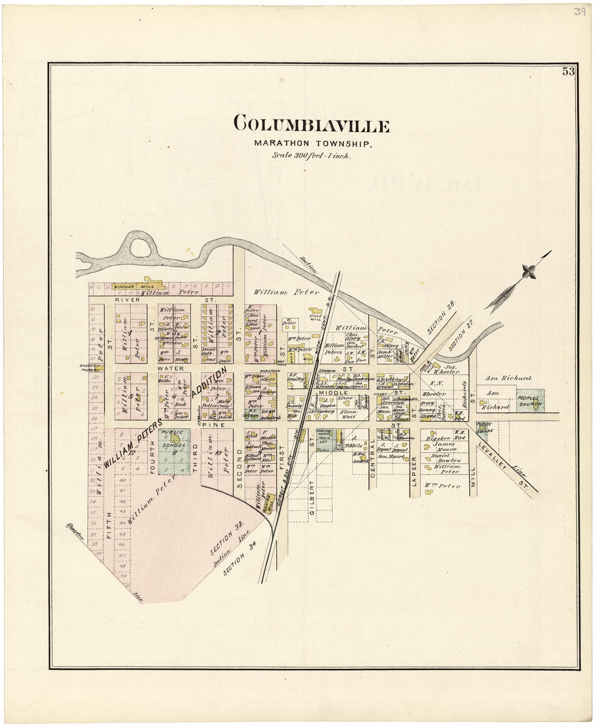 This old map of Columbiaville from Atlas and Directory of Lapeer County, Michigan from 1893 was created by  E. Robinson Co in 1893