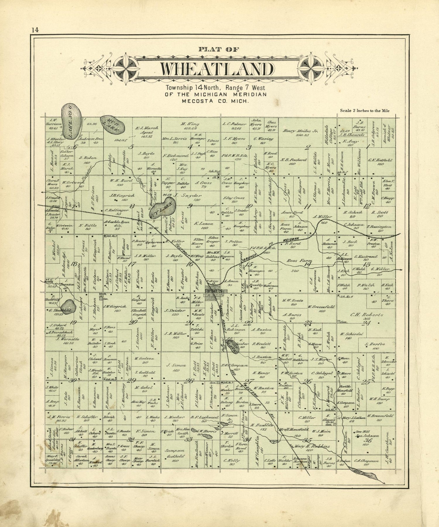 This old map of Plat of Wheatland from Plat Book of Mecosta County, Michigan from 1900 was created by  P.A. &amp; J.W. Myers (Firm) in 1900