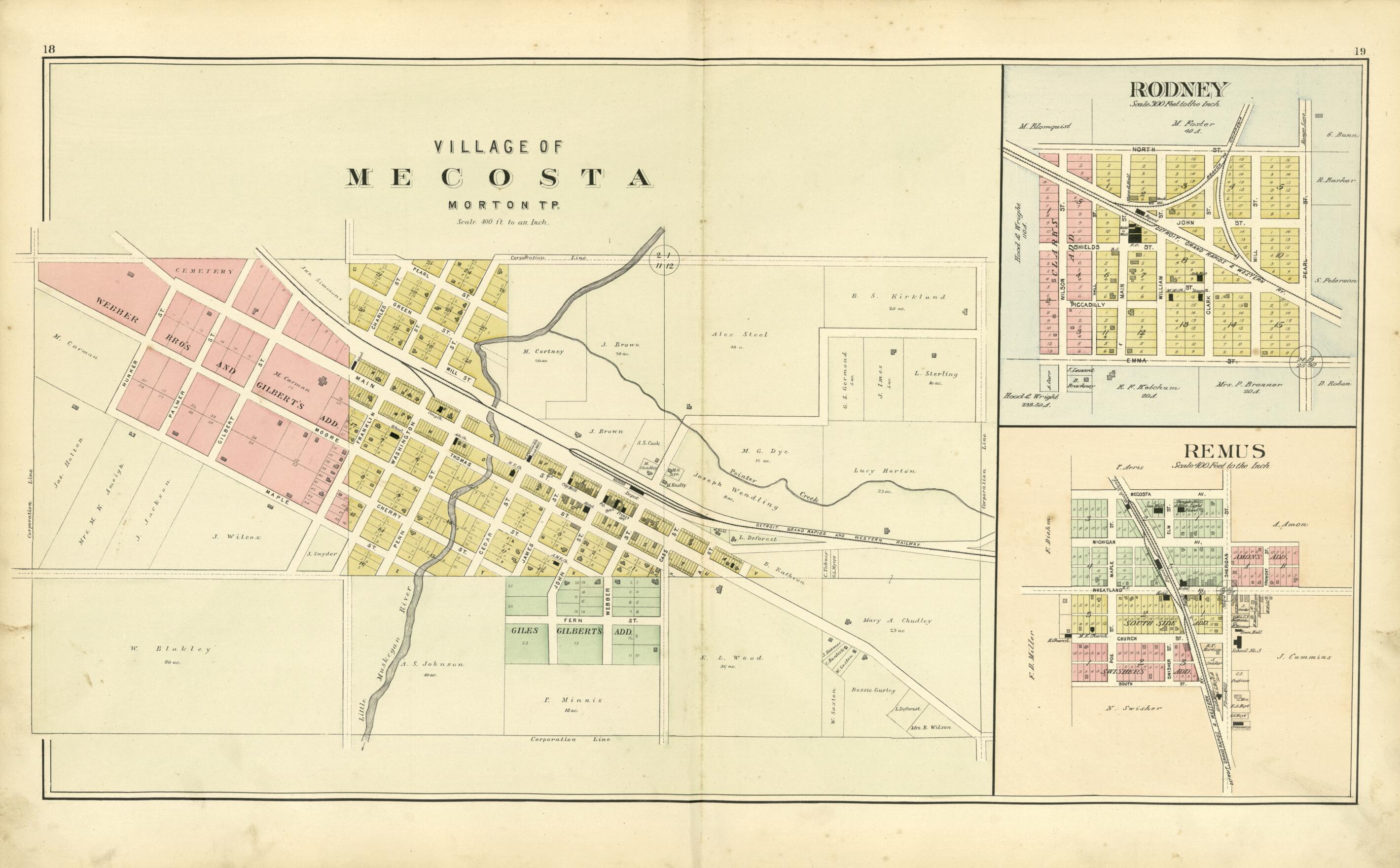 This old map of Village of Mecosta, Rodney, Remus from Plat Book of Mecosta County, Michigan from 1900 was created by  P.A. &amp; J.W. Myers (Firm) in 1900