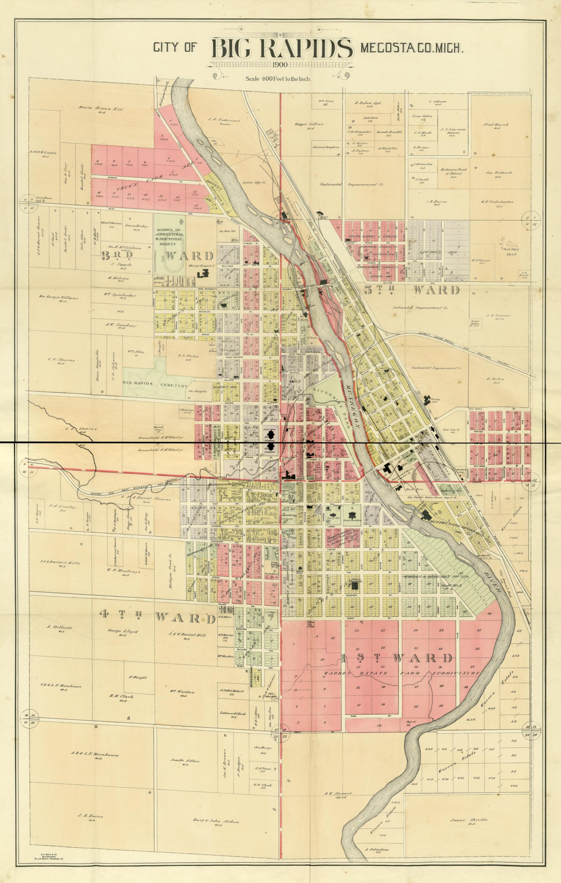 This old map of City of Big Rapids from Plat Book of Mecosta County, Michigan from 1900 was created by  P.A. &amp; J.W. Myers (Firm) in 1900