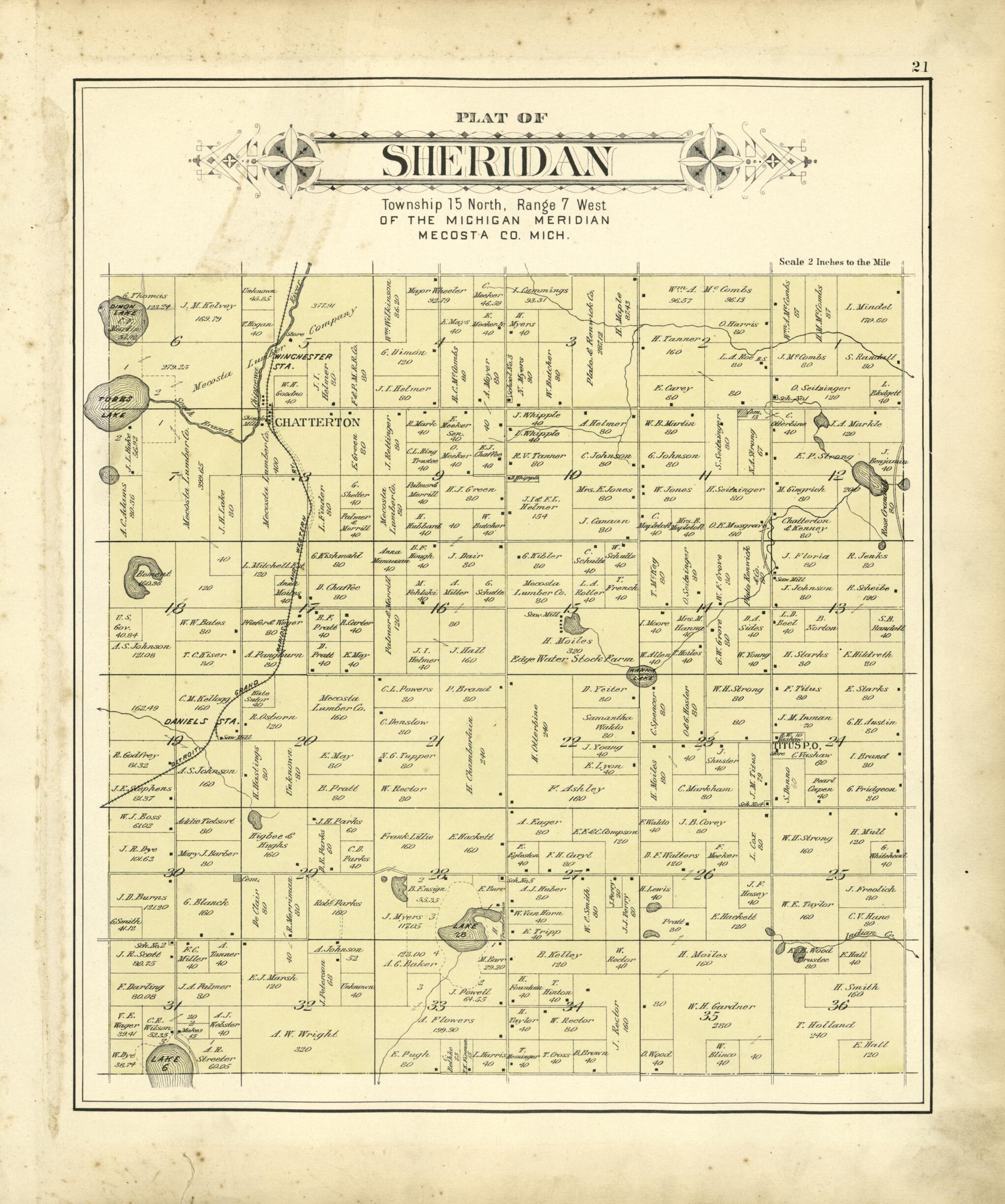 This old map of Plat of Sheridan from Plat Book of Mecosta County, Michigan from 1900 was created by  P.A. &amp; J.W. Myers (Firm) in 1900