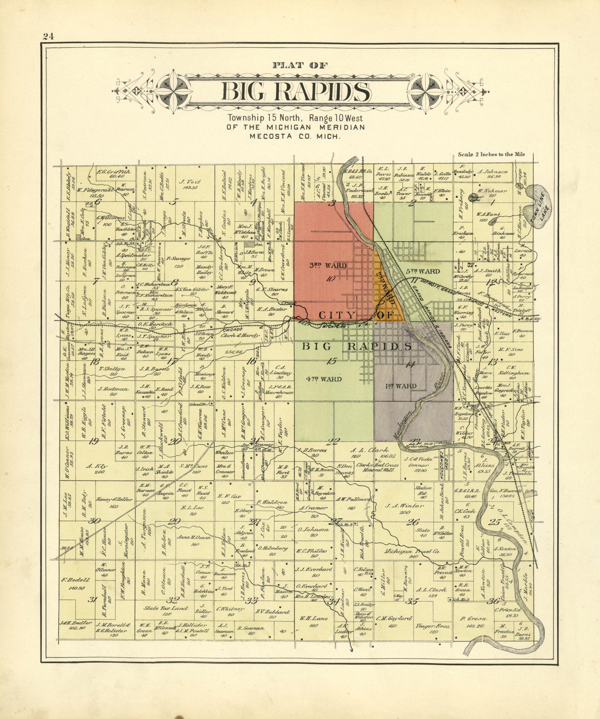 This old map of Plat of Big Rapids from Plat Book of Mecosta County, Michigan from 1900 was created by  P.A. &amp; J.W. Myers (Firm) in 1900