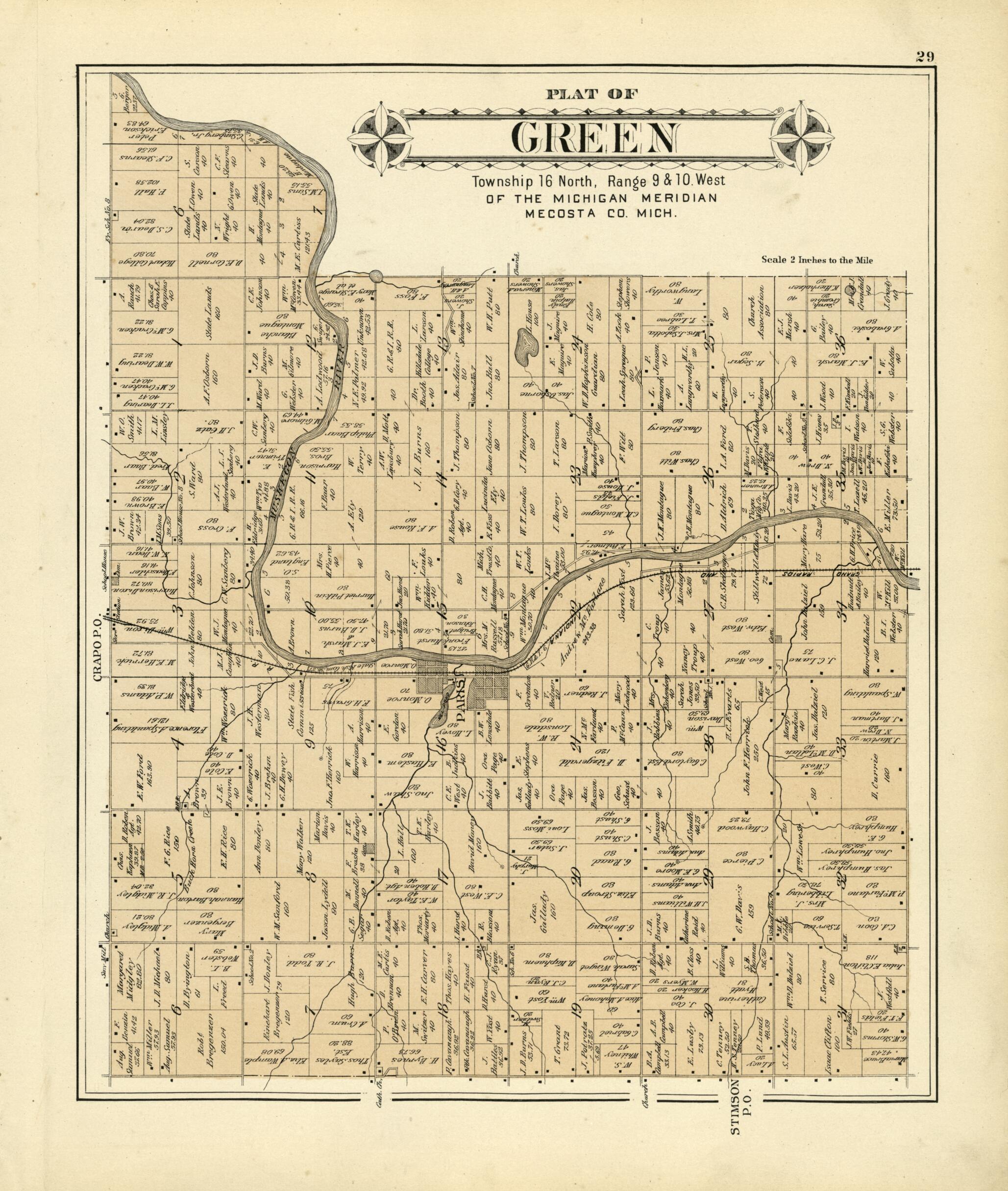 This old map of Plat of Green from Plat Book of Mecosta County, Michigan from 1900 was created by  P.A. &amp; J.W. Myers (Firm) in 1900