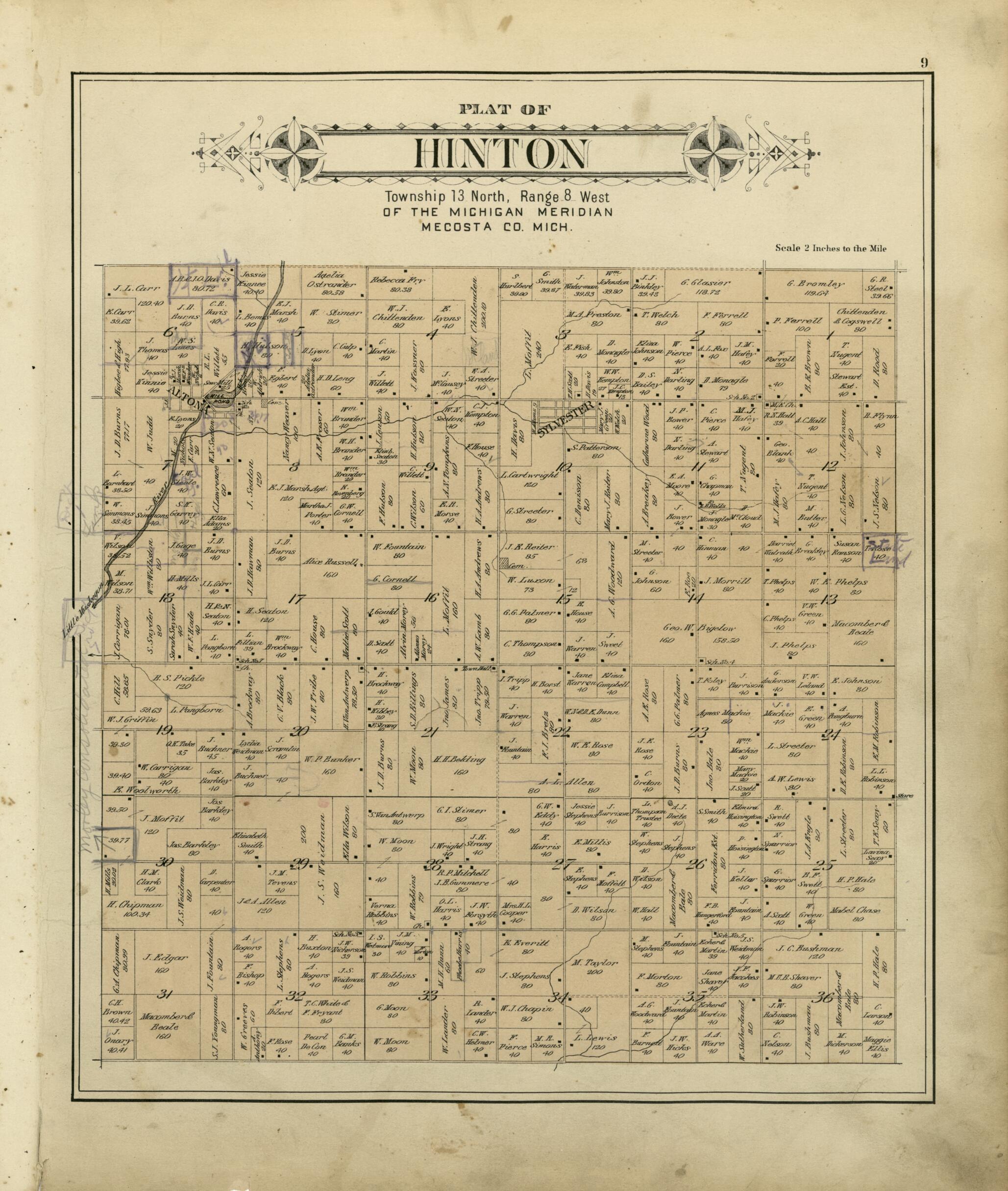 This old map of Plat of Hinton from Plat Book of Mecosta County, Michigan from 1900 was created by  P.A. &amp; J.W. Myers (Firm) in 1900