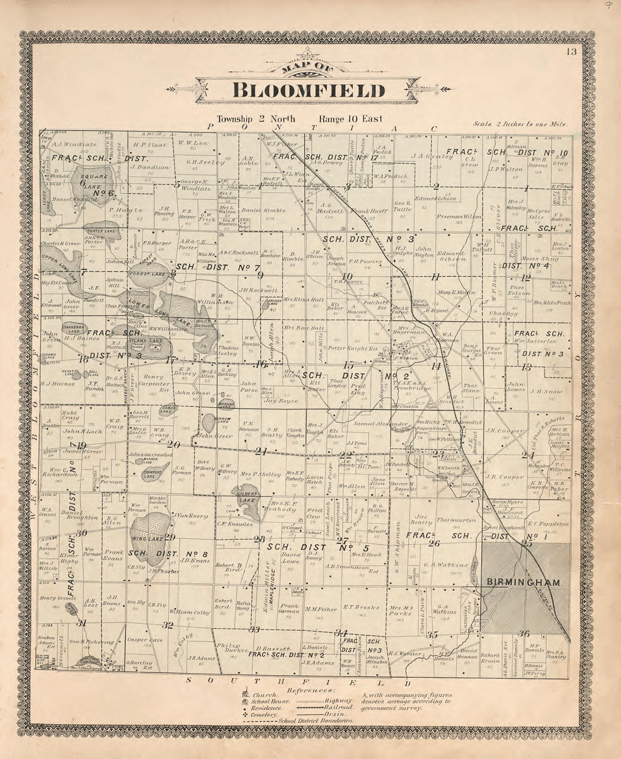 This old map of Map of Bloomfield from Illustrated Atlas of Oakland County, Michigan from 1896 was created by S. Wangersheim in 1896