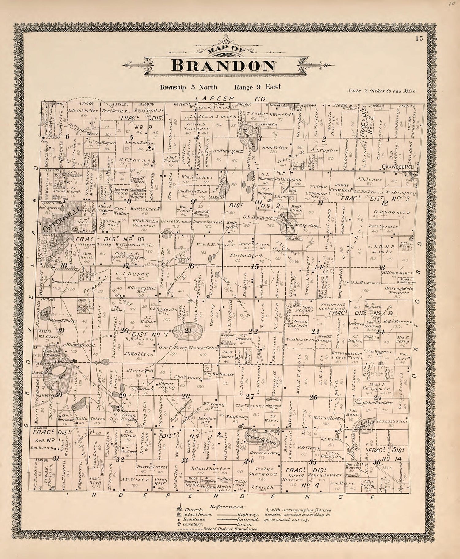 This old map of Map of Brandon from Illustrated Atlas of Oakland County, Michigan from 1896 was created by S. Wangersheim in 1896