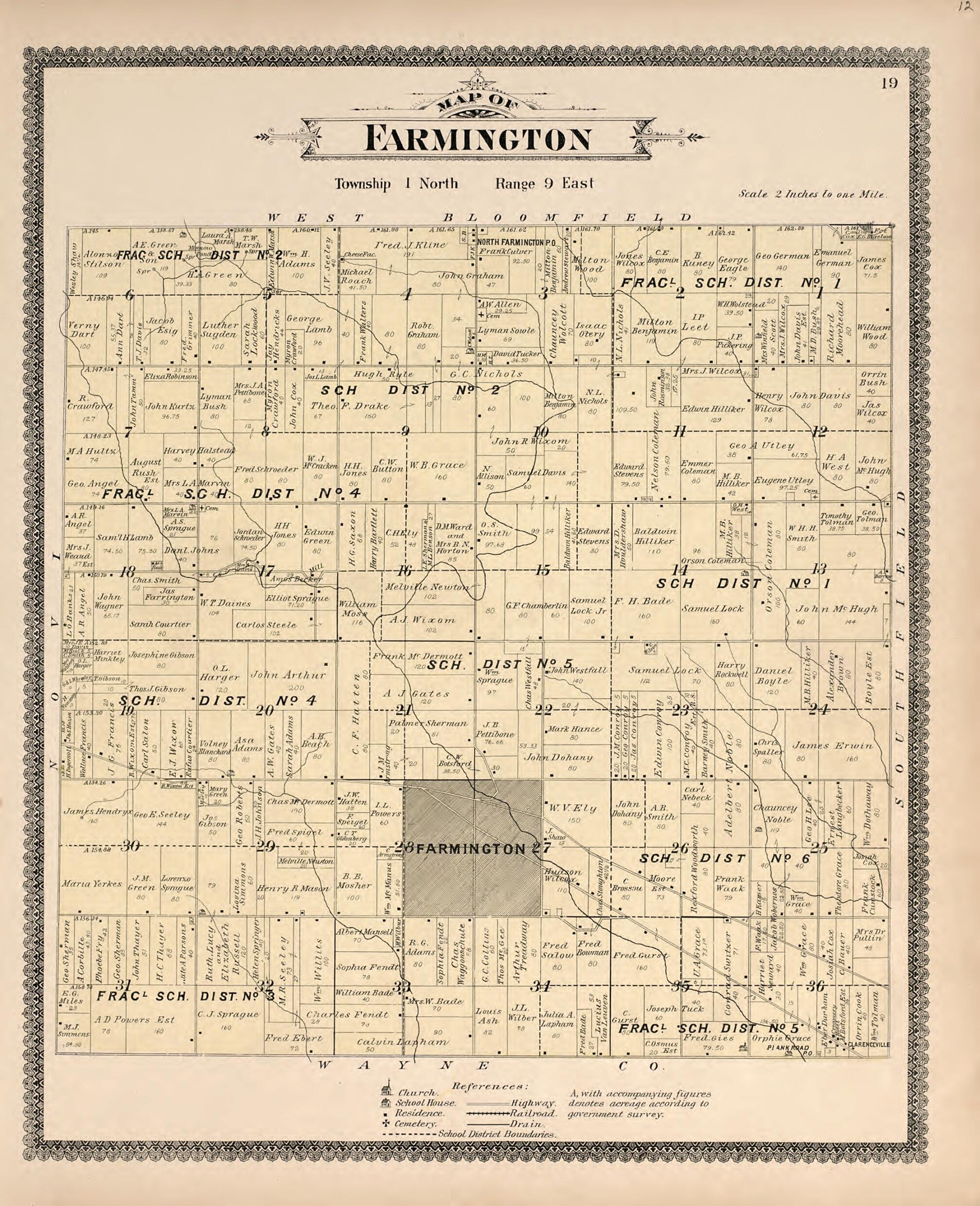 This old map of Map of Farmington from Illustrated Atlas of Oakland County, Michigan from 1896 was created by S. Wangersheim in 1896