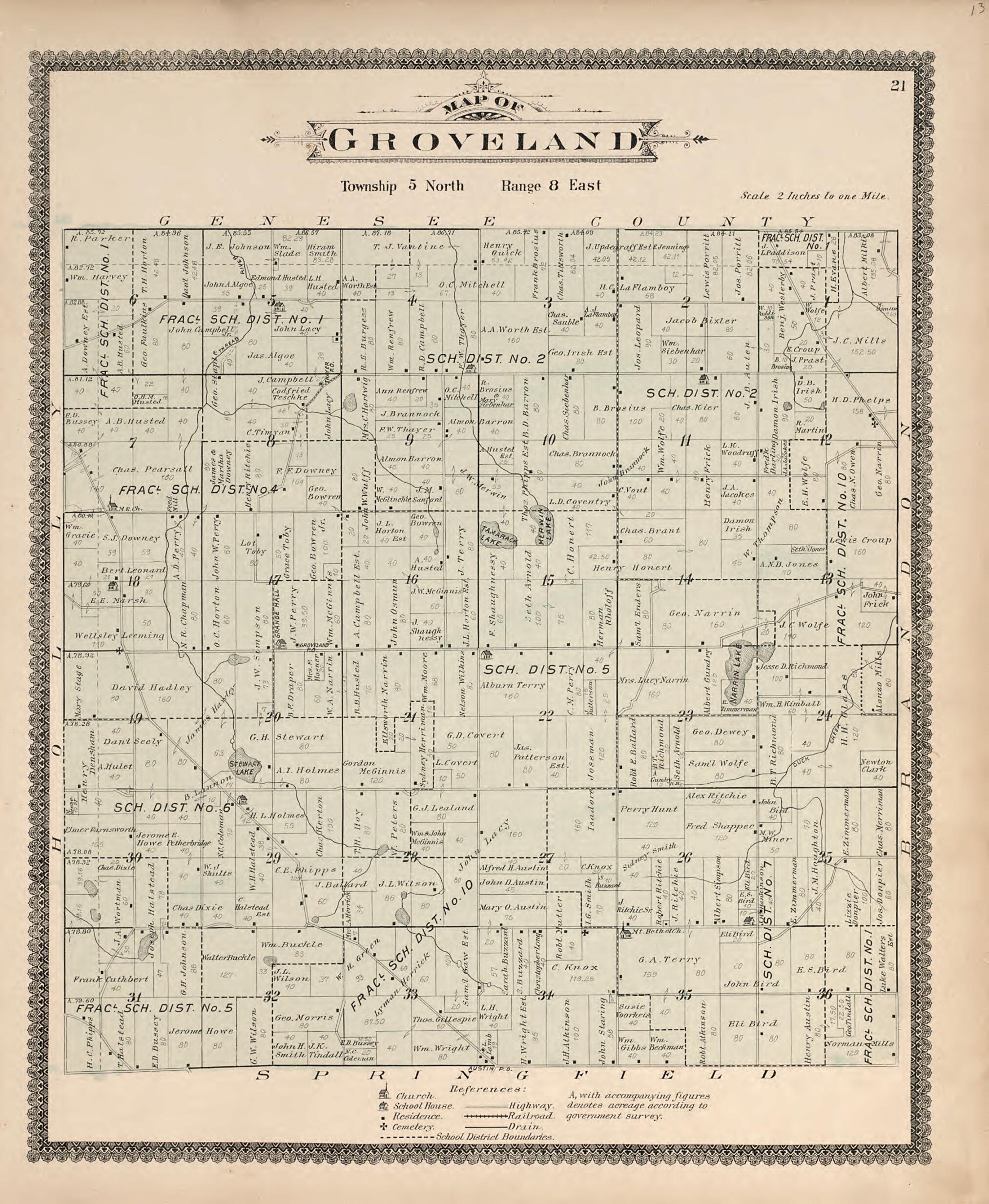 This old map of Map of Groveland from Illustrated Atlas of Oakland County, Michigan from 1896 was created by S. Wangersheim in 1896