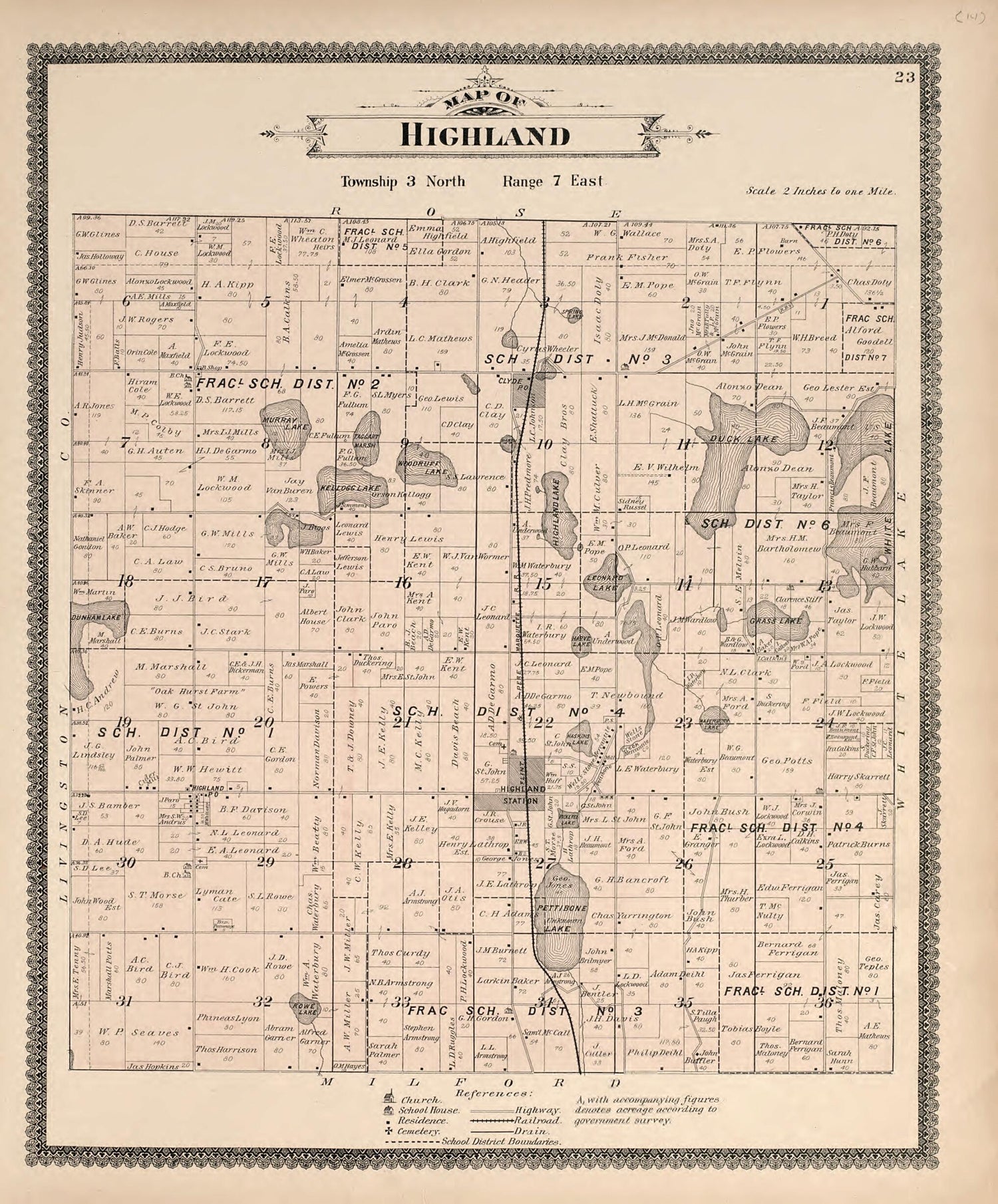 This old map of Map of Highland from Illustrated Atlas of Oakland County, Michigan from 1896 was created by S. Wangersheim in 1896