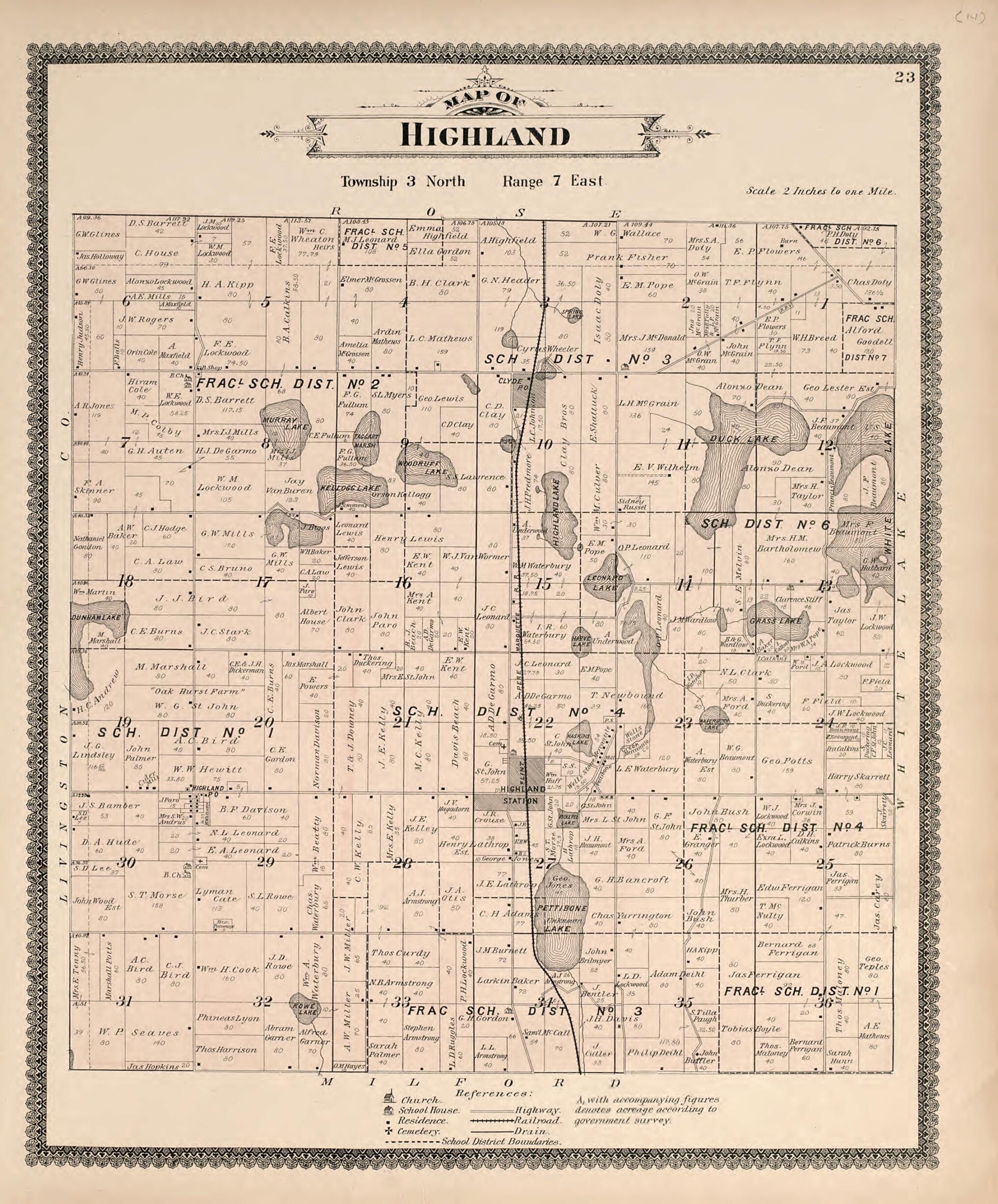 This old map of Map of Highland from Illustrated Atlas of Oakland County, Michigan from 1896 was created by S. Wangersheim in 1896