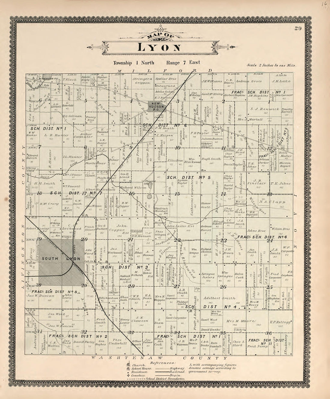 This old map of Map of Lyon from Illustrated Atlas of Oakland County, Michigan from 1896 was created by S. Wangersheim in 1896