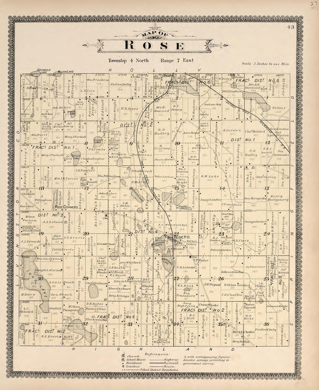 This old map of Map of Rose from Illustrated Atlas of Oakland County, Michigan from 1896 was created by S. Wangersheim in 1896