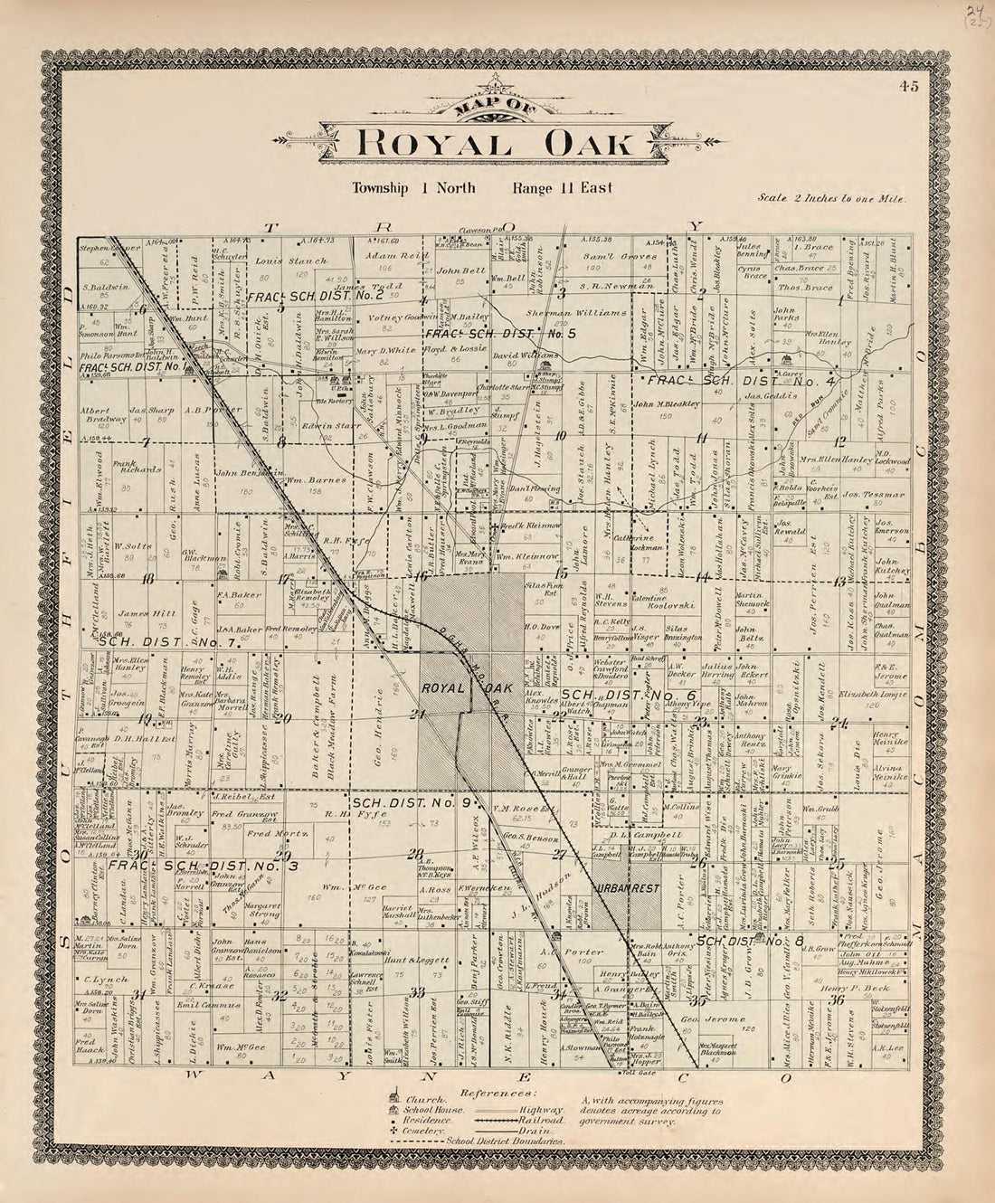 This old map of Map of Royal Oak from Illustrated Atlas of Oakland County, Michigan from 1896 was created by S. Wangersheim in 1896