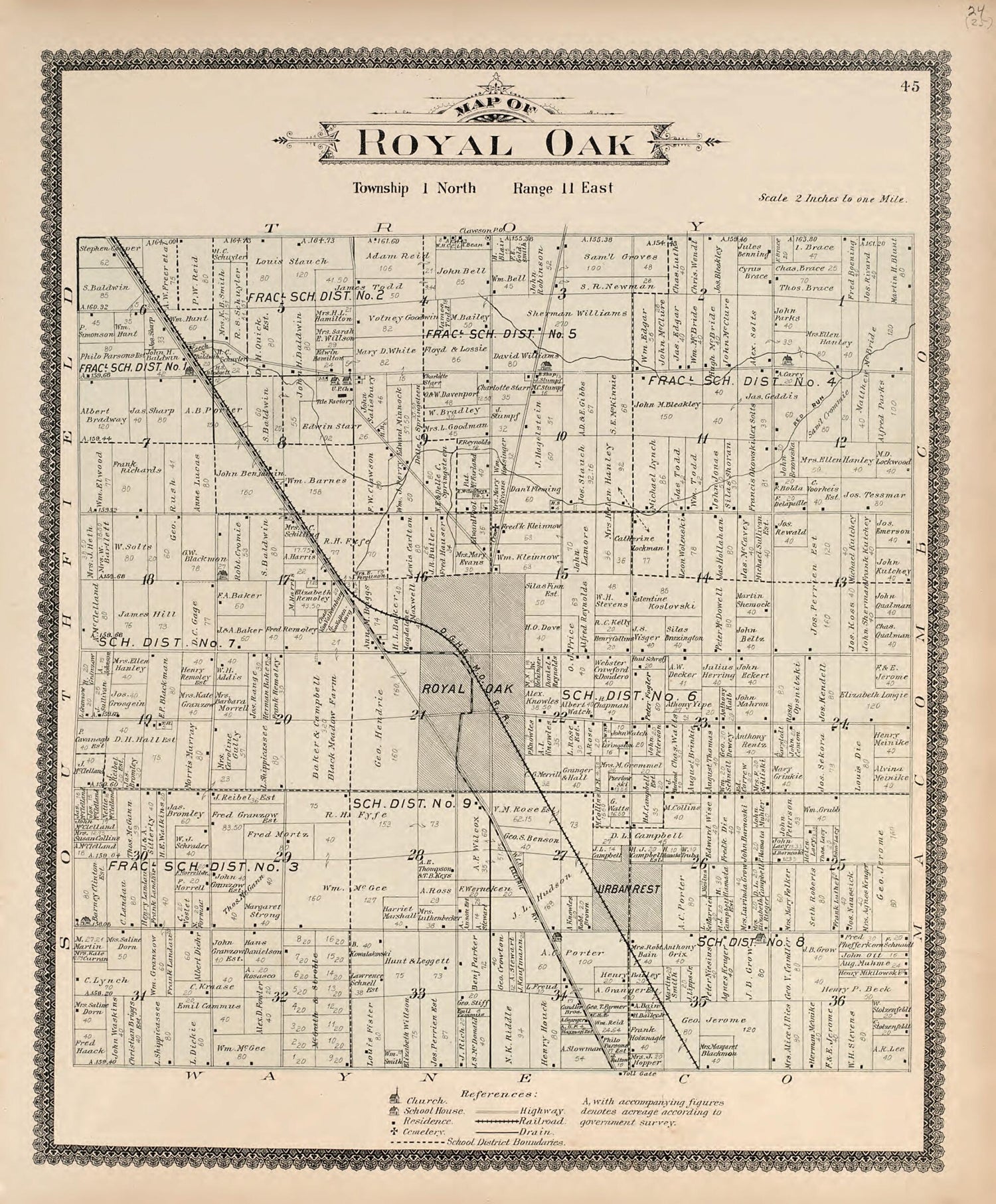 This old map of Map of Royal Oak from Illustrated Atlas of Oakland County, Michigan from 1896 was created by S. Wangersheim in 1896