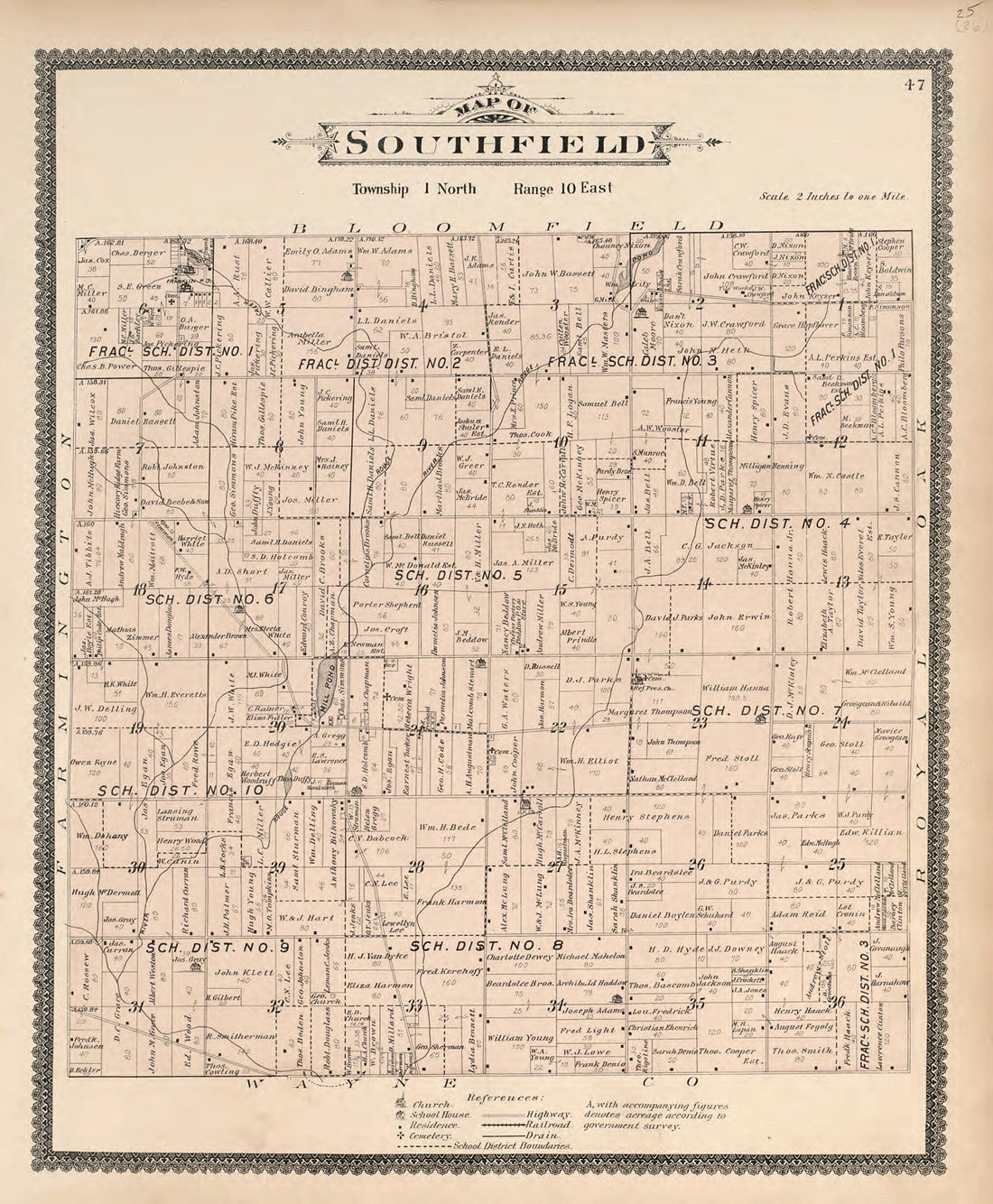 This old map of Map of Southfield from Illustrated Atlas of Oakland County, Michigan from 1896 was created by S. Wangersheim in 1896