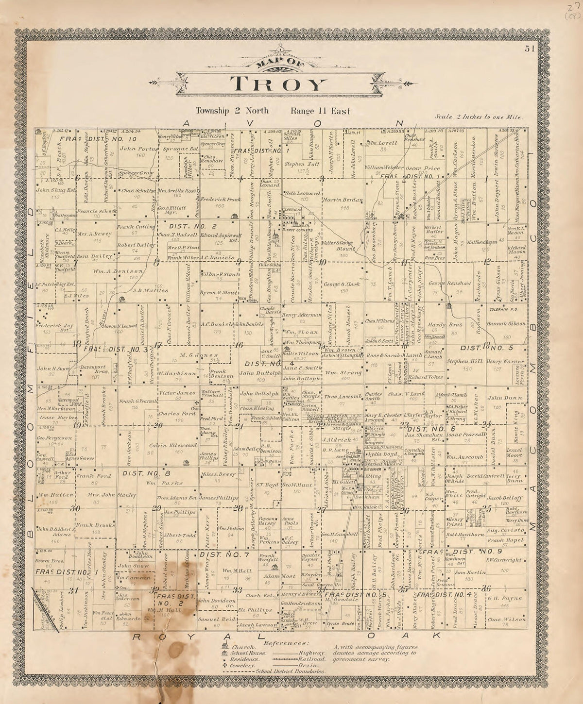 Map of Troy from Illustrated Atlas of Oakland County, Michigan 1896 by Relic Map Company