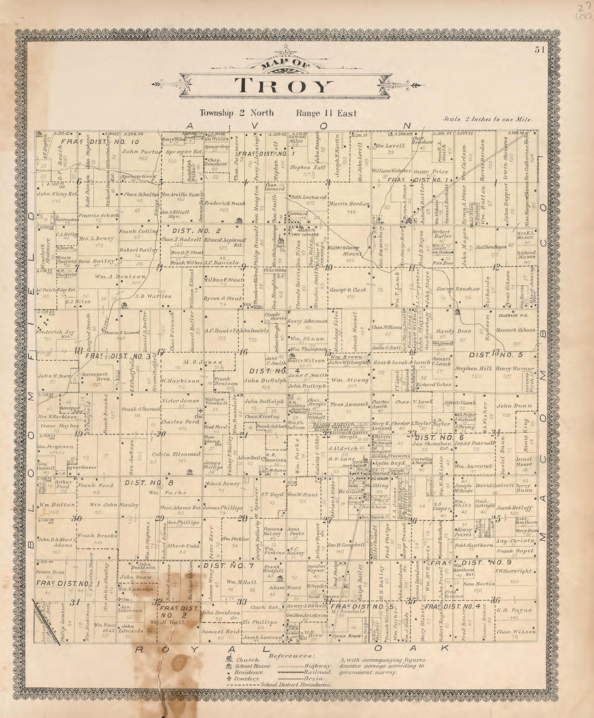 This old map of Map of Troy from Illustrated Atlas of Oakland County, Michigan from 1896 was created by S. Wangersheim in 1896