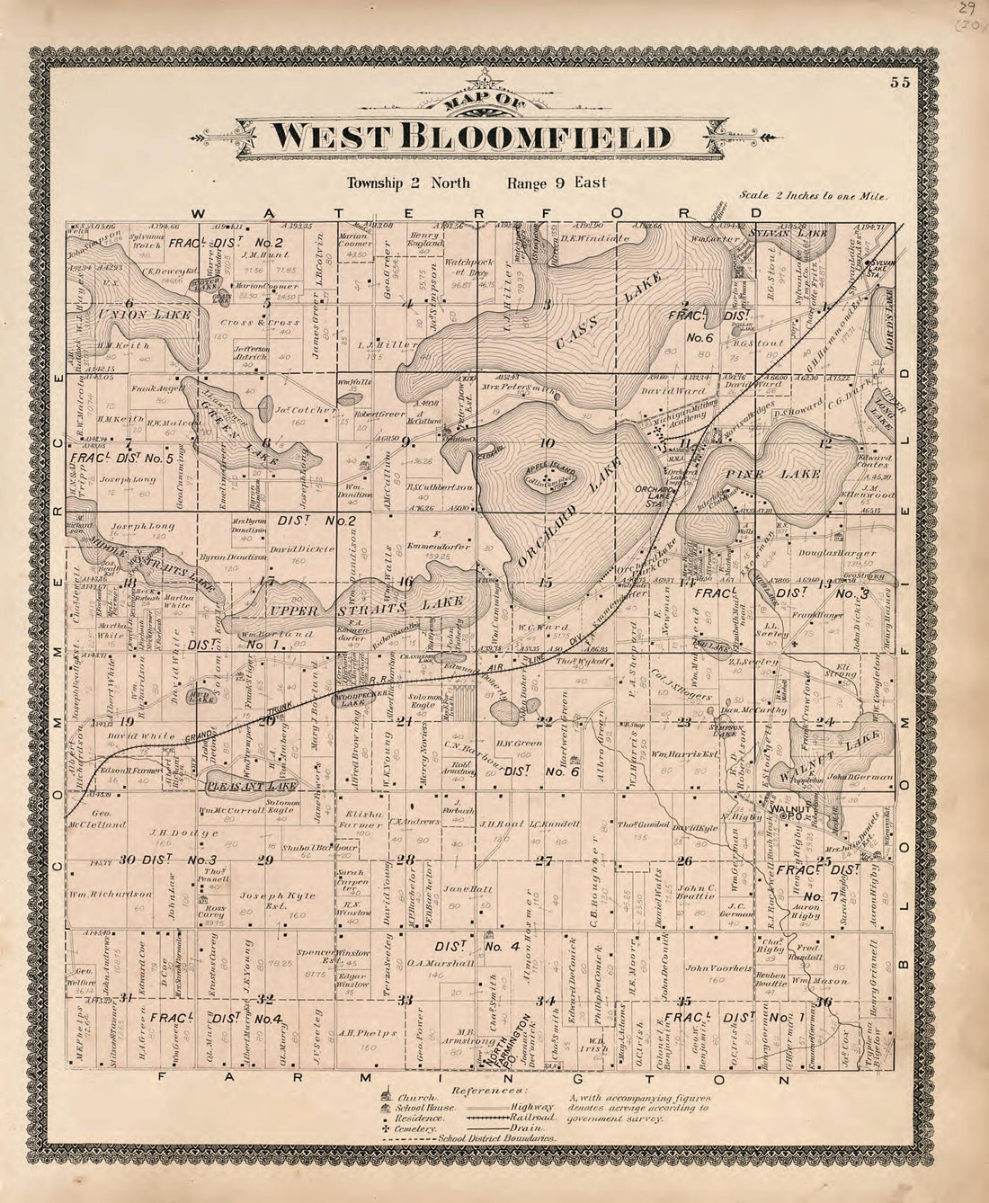 This old map of Map of West Bloomfield from Illustrated Atlas of Oakland County, Michigan from 1896 was created by S. Wangersheim in 1896