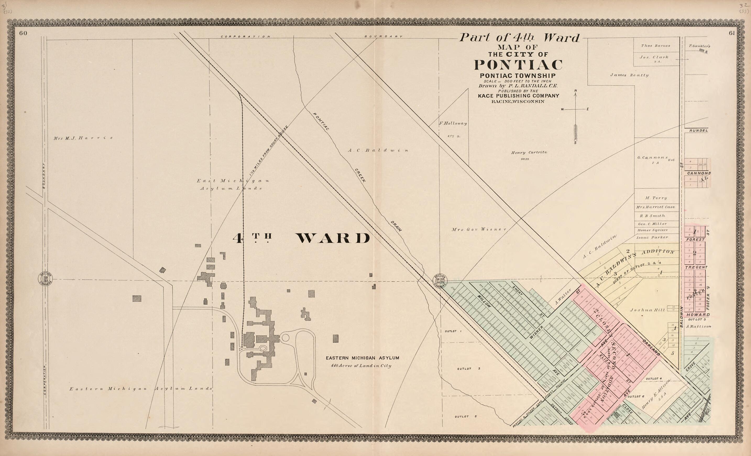 This old map of Part of the 4th Ward - Map of the City of Pontiac from Illustrated Atlas of Oakland County, Michigan from 1896 was created by S. Wangersheim in 1896