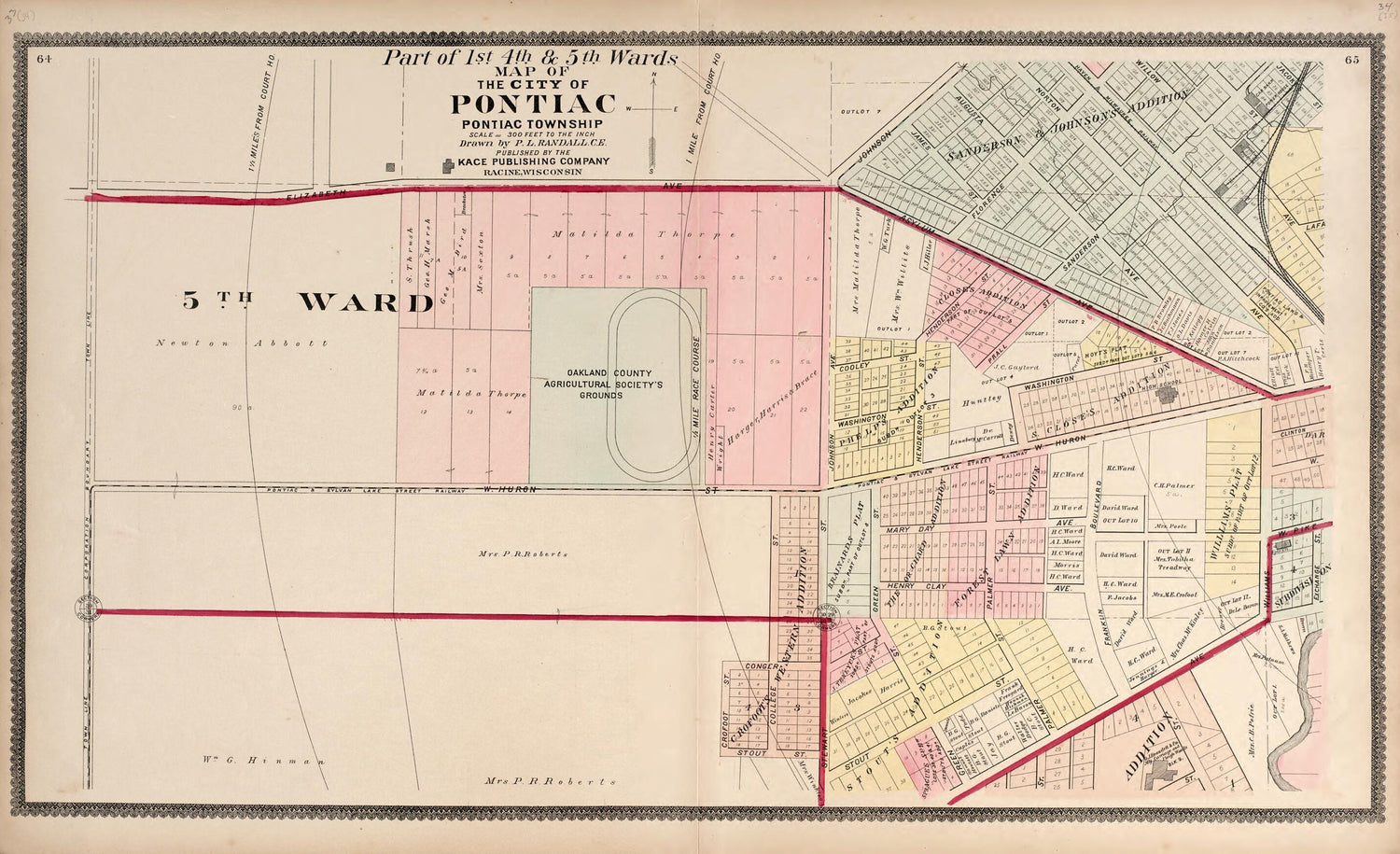 This old map of Part of the 4th &amp; 5th Wards - Map of the City of Pontiac from Illustrated Atlas of Oakland County, Michigan from 1896 was created by S. Wangersheim in 1896