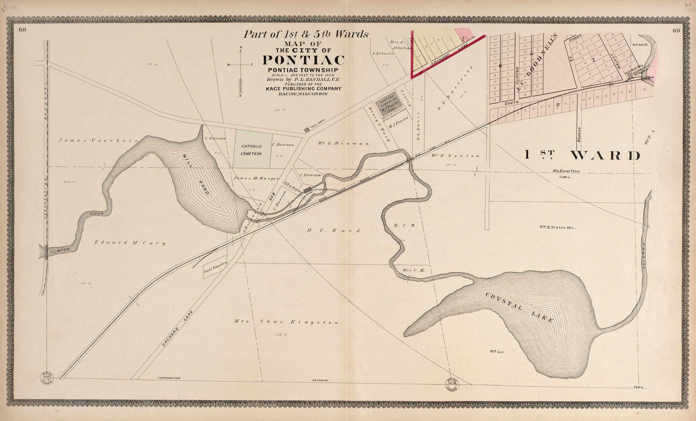 This old map of Part of the 1st &amp; 5th Wards - Map of the City of Pontiac from Illustrated Atlas of Oakland County, Michigan from 1896 was created by S. Wangersheim in 1896