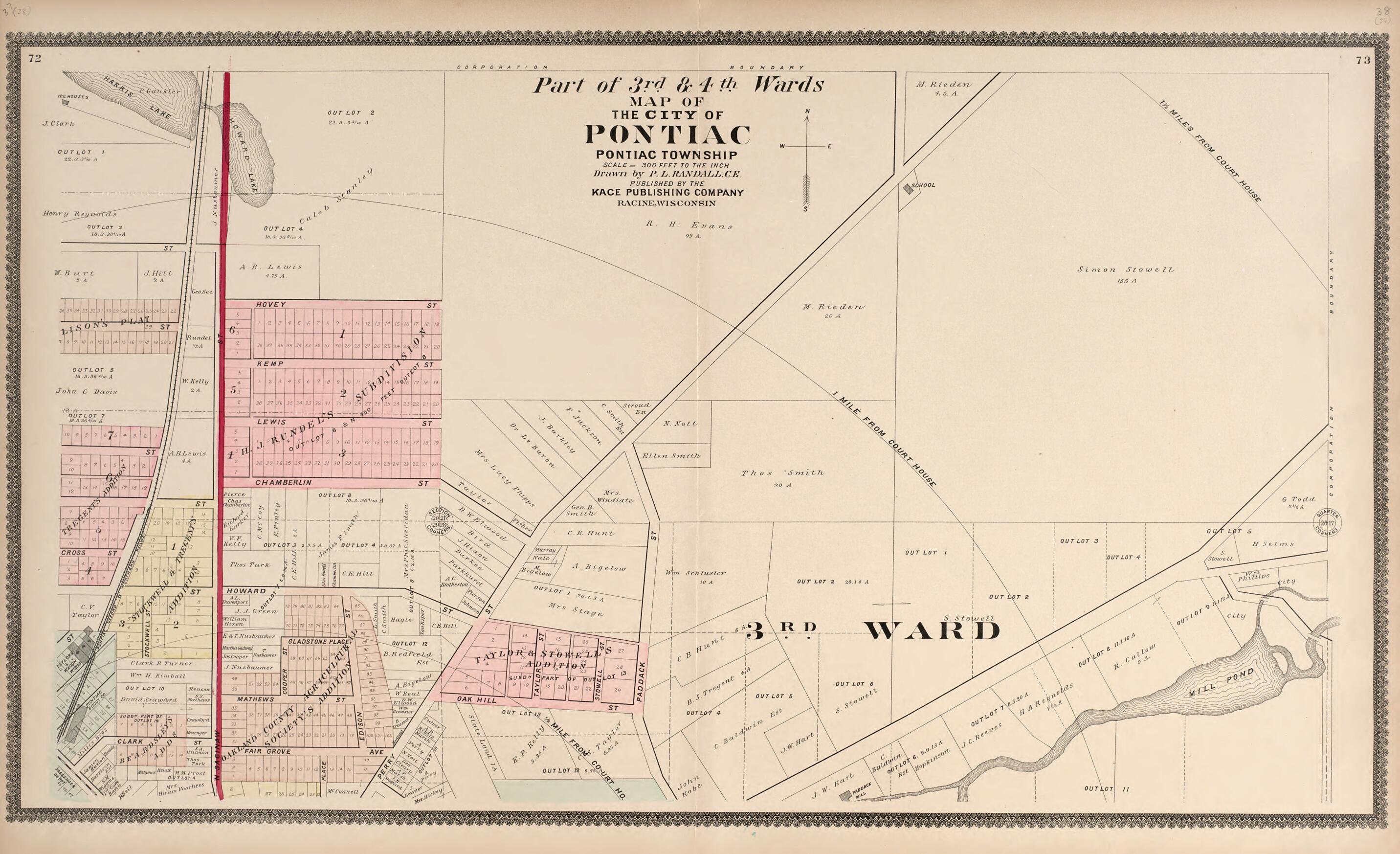 This old map of Part of the 3rd &amp; 4th Wards - Map of the City of Pontiac from Illustrated Atlas of Oakland County, Michigan from 1896 was created by S. Wangersheim in 1896