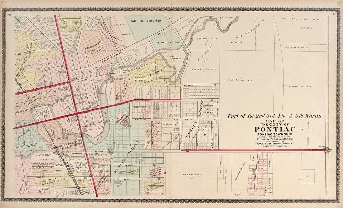 This old map of Part of the 1st 2nd 3rd 4th &amp; 5th Wards - Map of the City of Pontiac from Illustrated Atlas of Oakland County, Michigan from 1896 was created by S. Wangersheim in 1896