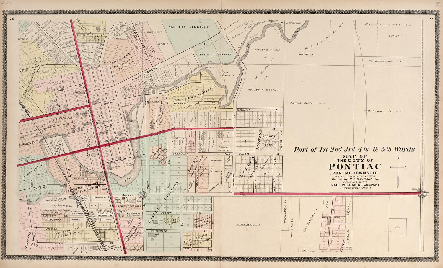 This old map of Part of the 1st 2nd 3rd 4th &amp; 5th Wards - Map of the City of Pontiac from Illustrated Atlas of Oakland County, Michigan from 1896 was created by S. Wangersheim in 1896