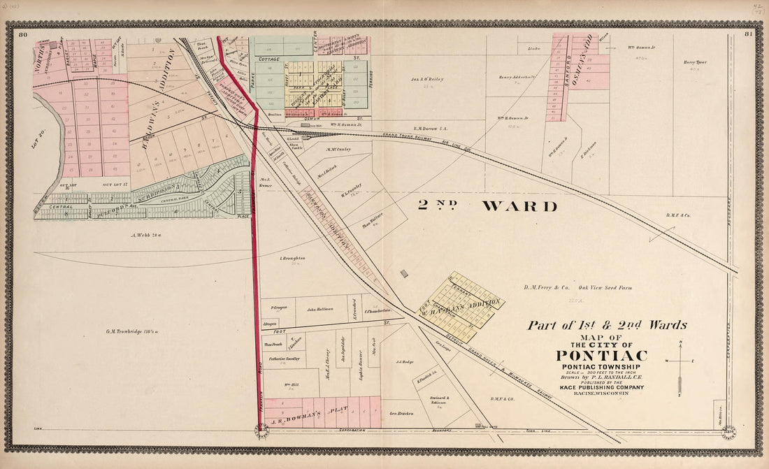 This old map of Part of the 1st &amp; 2nd Wards - Map of the City of Pontiac from Illustrated Atlas of Oakland County, Michigan from 1896 was created by S. Wangersheim in 1896