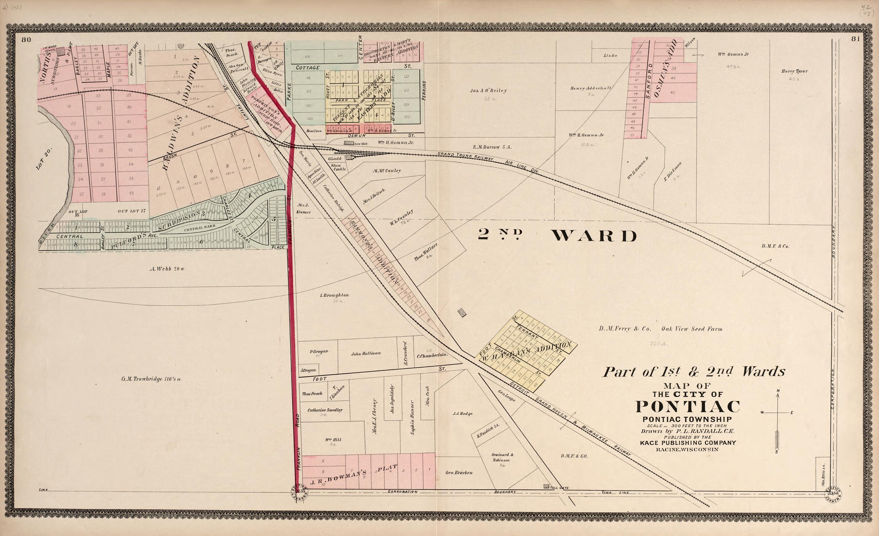 This old map of Part of the 1st &amp; 2nd Wards - Map of the City of Pontiac from Illustrated Atlas of Oakland County, Michigan from 1896 was created by S. Wangersheim in 1896