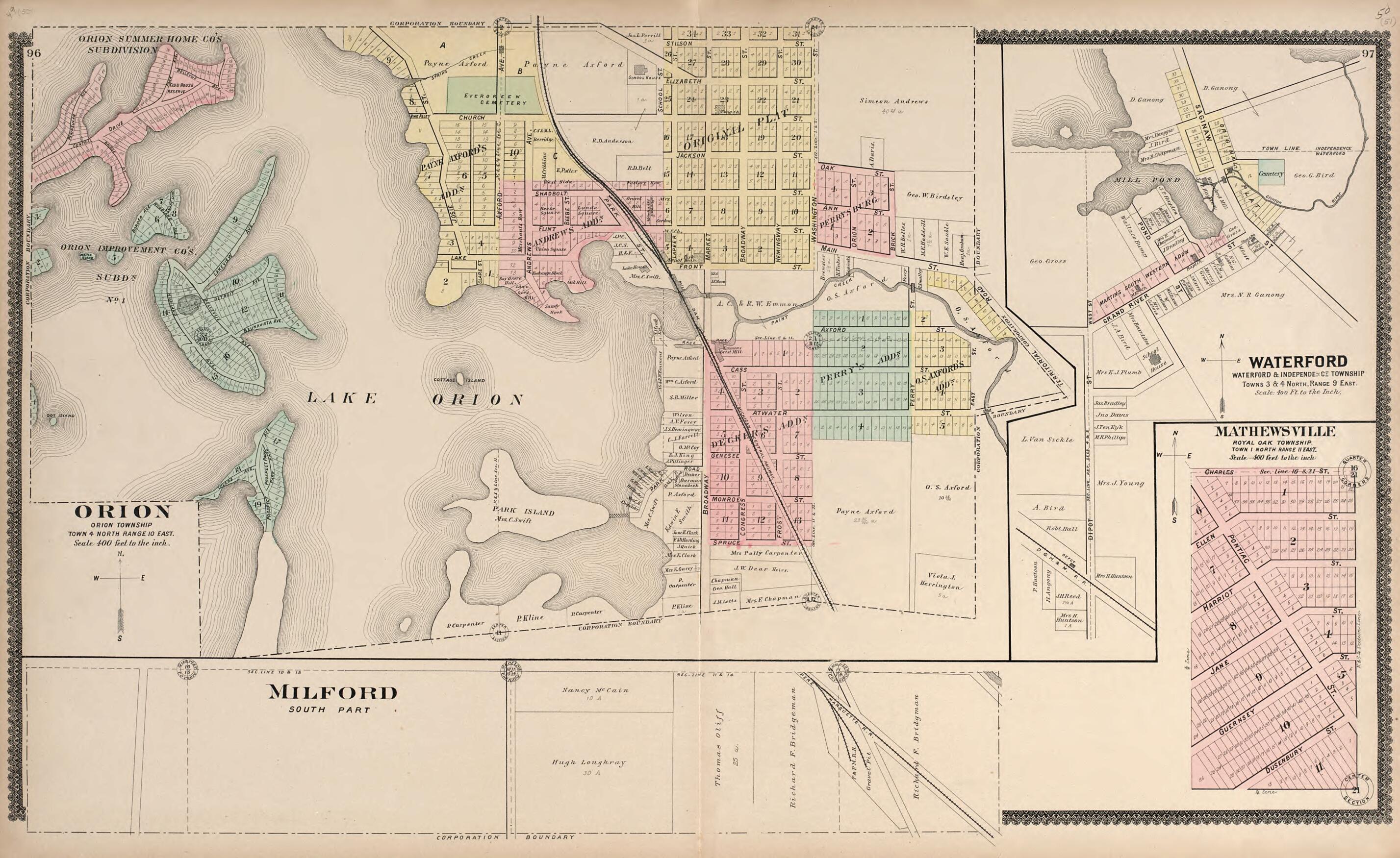 This old map of Orion; Milford; Waterford; Mathewsville from Illustrated Atlas of Oakland County, Michigan from 1896 was created by S. Wangersheim in 1896