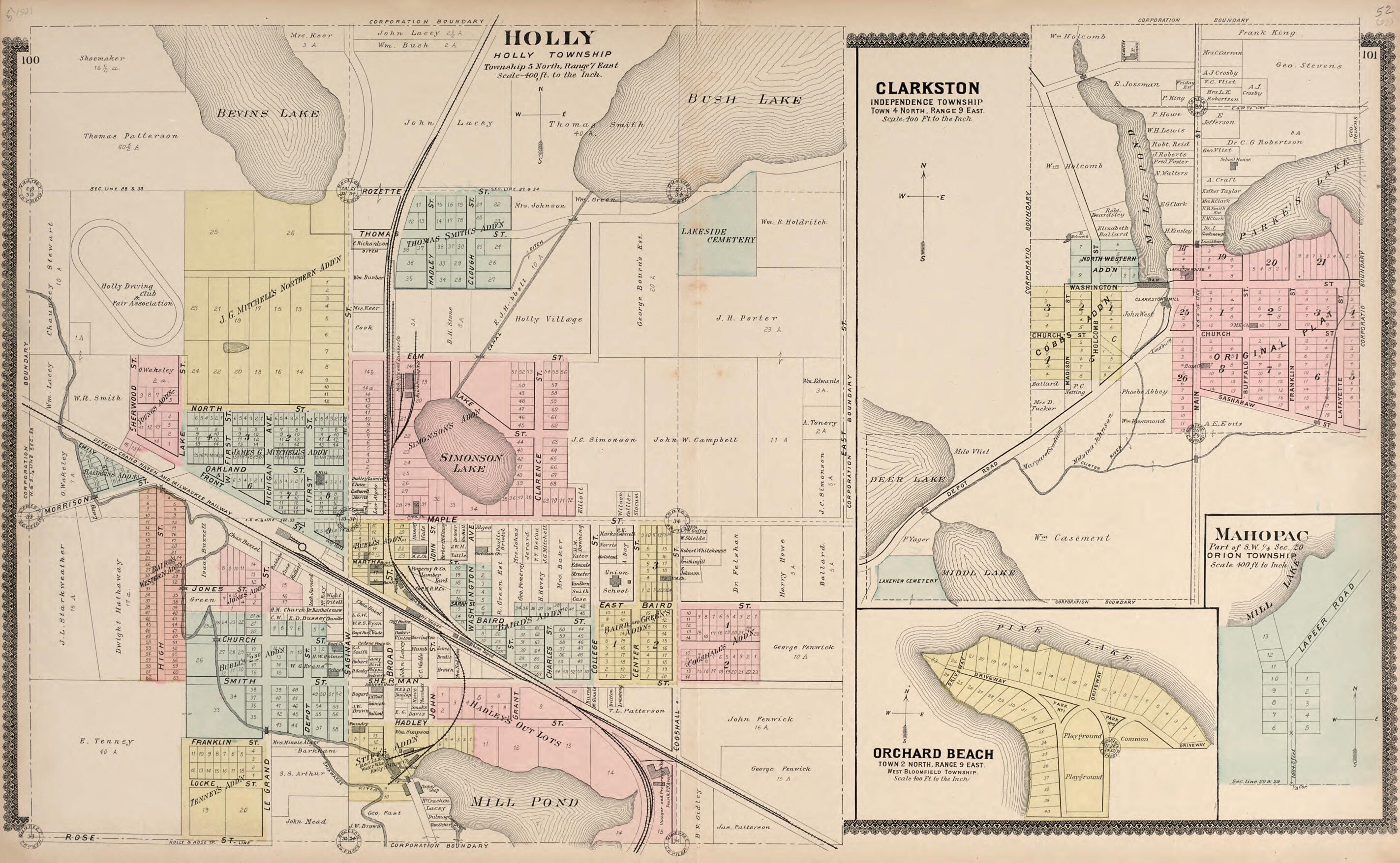 This old map of Holly; Clarkson; Mahopac; Orchard Beach from Illustrated Atlas of Oakland County, Michigan from 1896 was created by S. Wangersheim in 1896