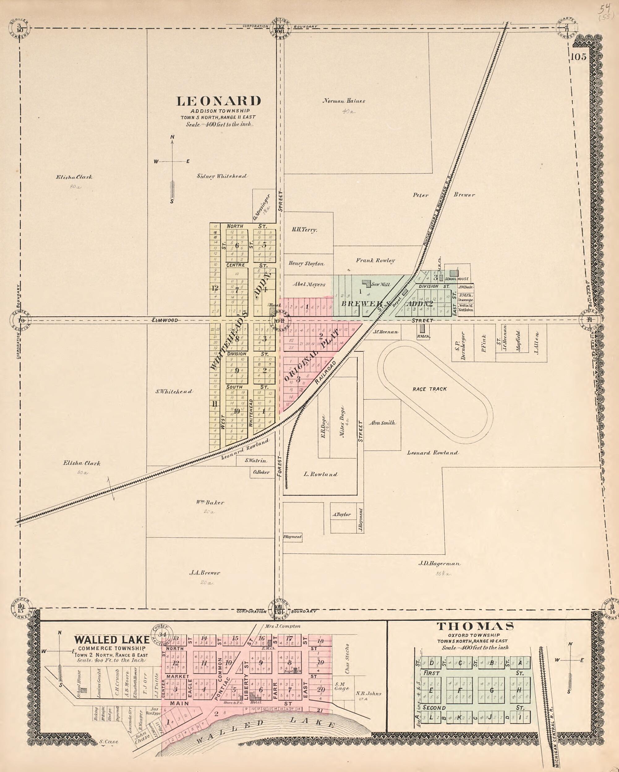 This old map of Leonard; Walled Lake; Thomas from Illustrated Atlas of Oakland County, Michigan from 1896 was created by S. Wangersheim in 1896