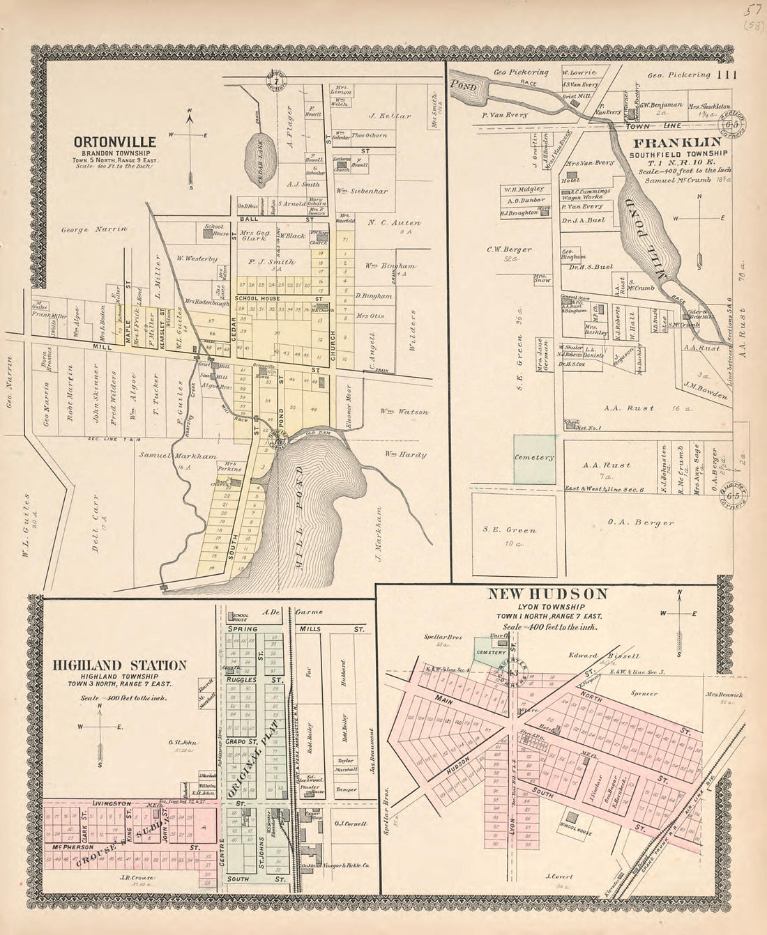 This old map of Ortonville; Franklin; Highland Station; New Hudson from Illustrated Atlas of Oakland County, Michigan from 1896 was created by S. Wangersheim in 1896