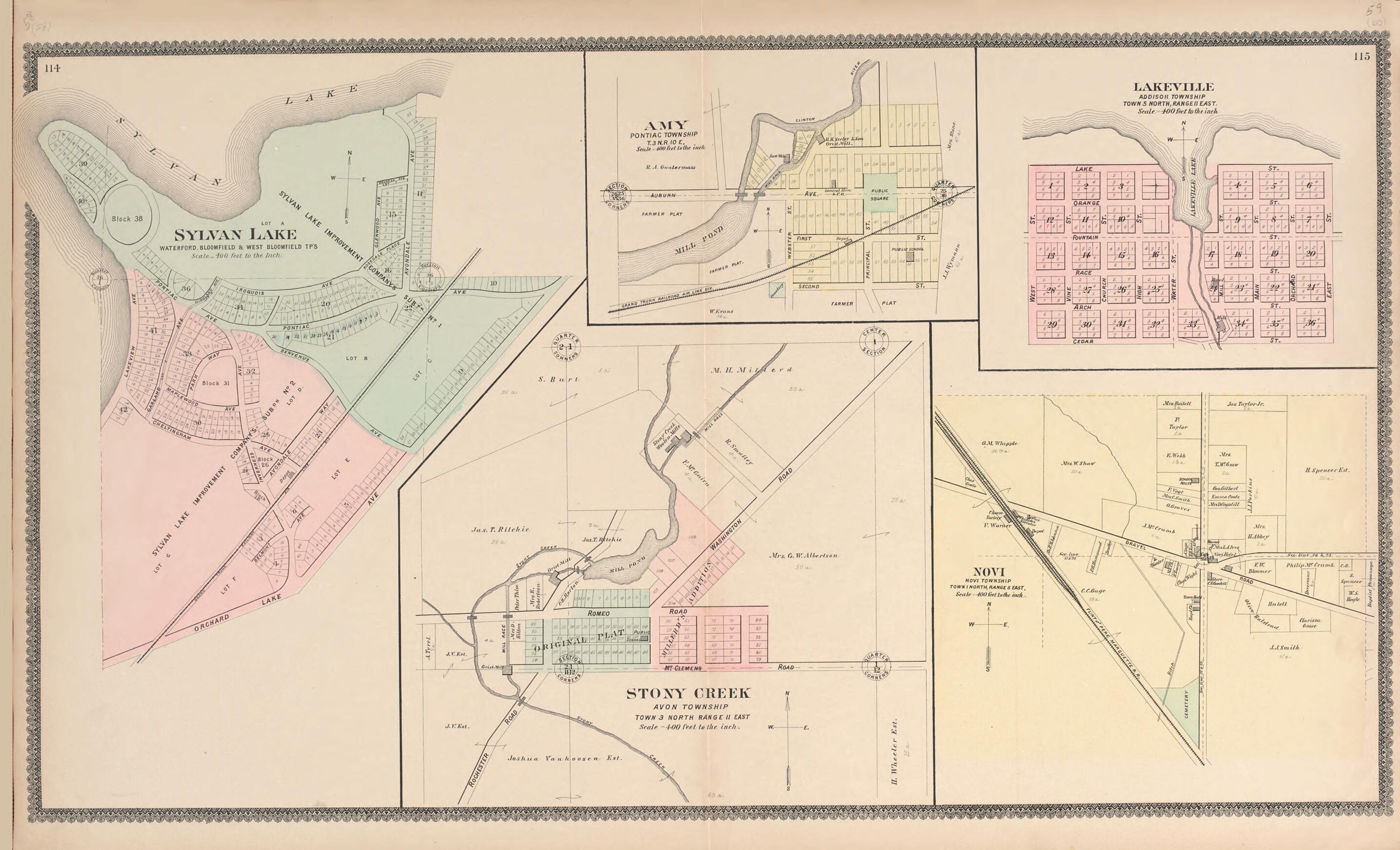 This old map of Sylvan Lake; Amy; Lakeville; Stony Creek; Novi from Illustrated Atlas of Oakland County, Michigan from 1896 was created by S. Wangersheim in 1896