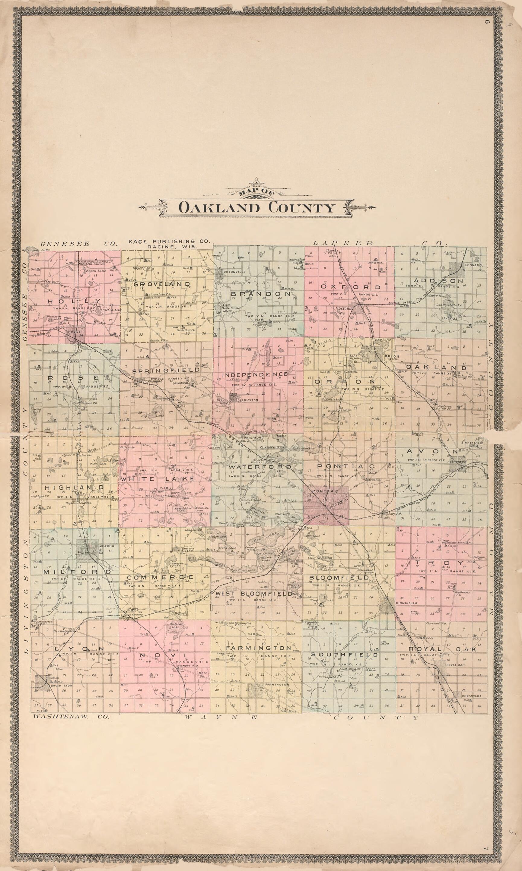 This old map of Oakland County from Illustrated Atlas of Oakland County, Michigan from 1896 was created by S. Wangersheim in 1896