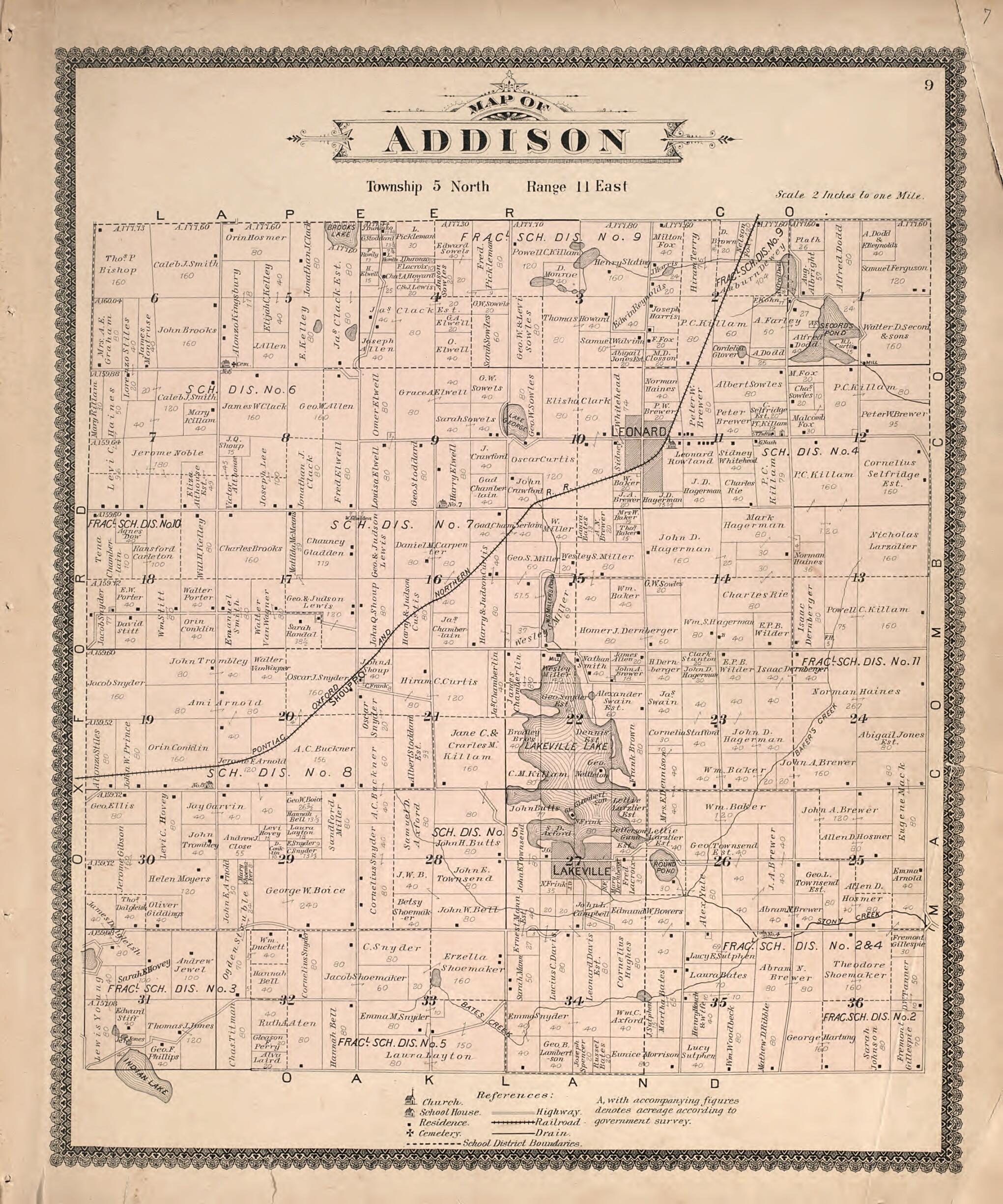 This old map of Map of Addison from Illustrated Atlas of Oakland County, Michigan from 1896 was created by S. Wangersheim in 1896