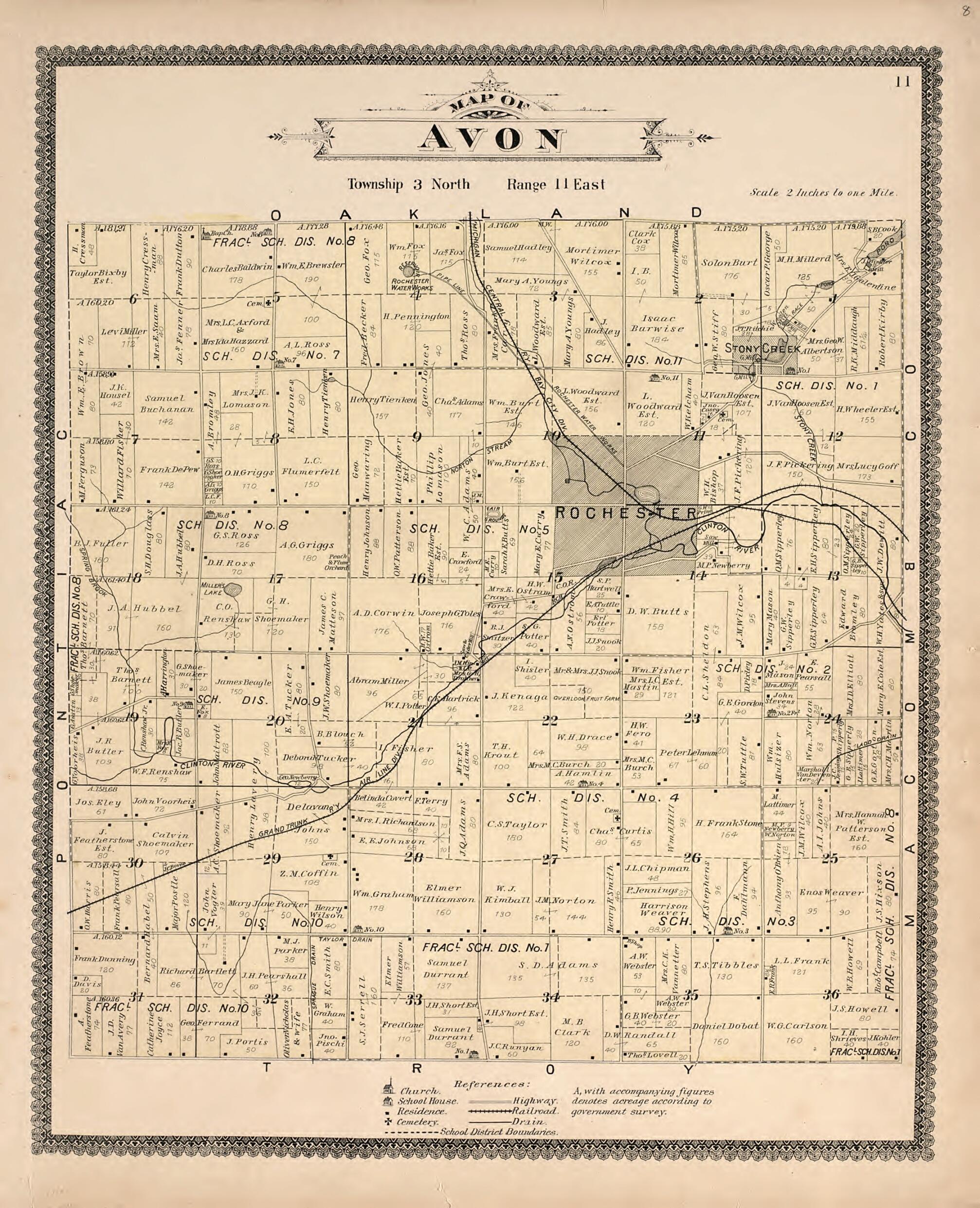 This old map of Map of Avon from Illustrated Atlas of Oakland County, Michigan from 1896 was created by S. Wangersheim in 1896