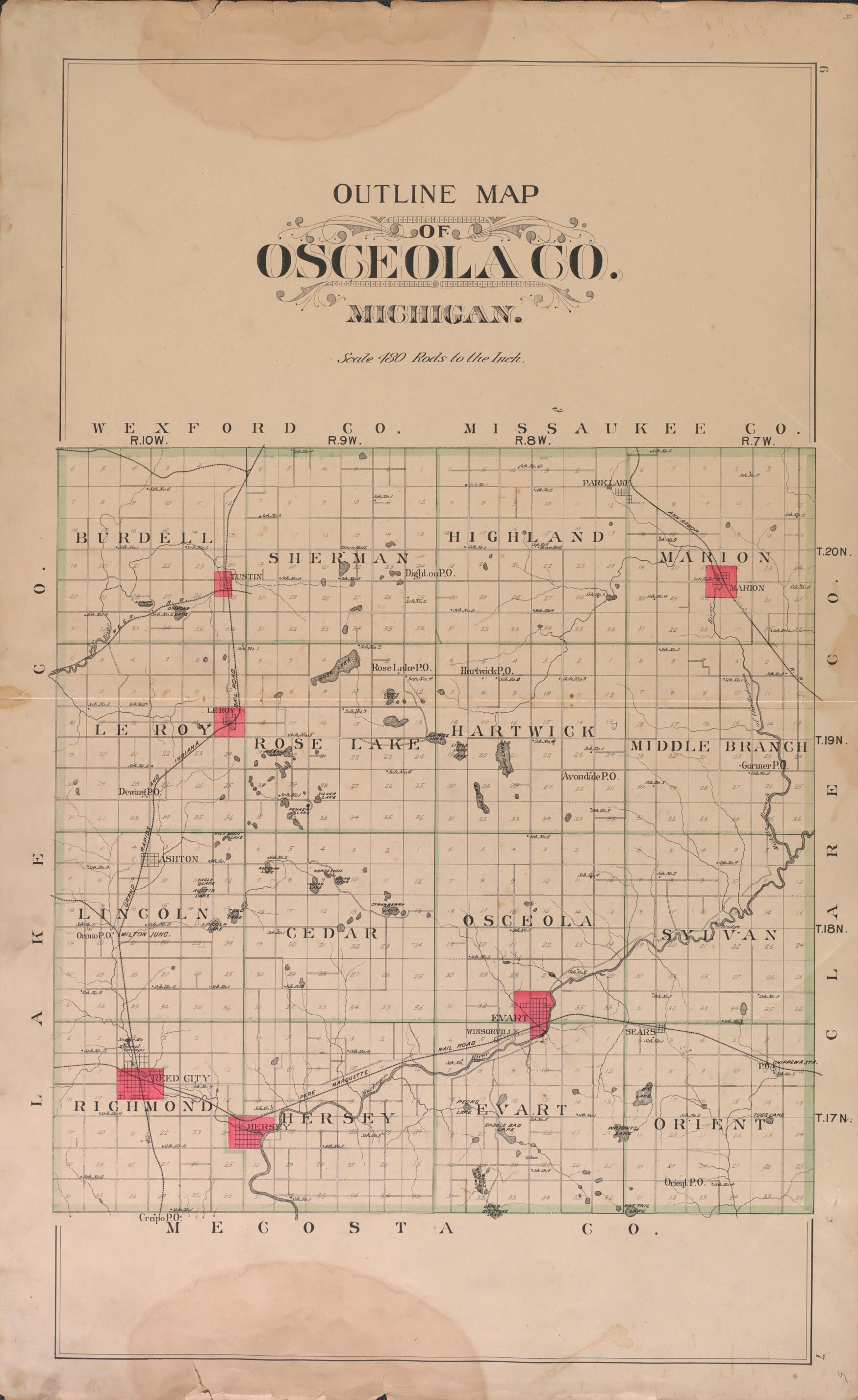 This old map of Outline Map of Osceola from Plat Book of Osceola County, Michigan from 1900 was created by  P.A. &amp; J.W. Myers (Firm) in 1900