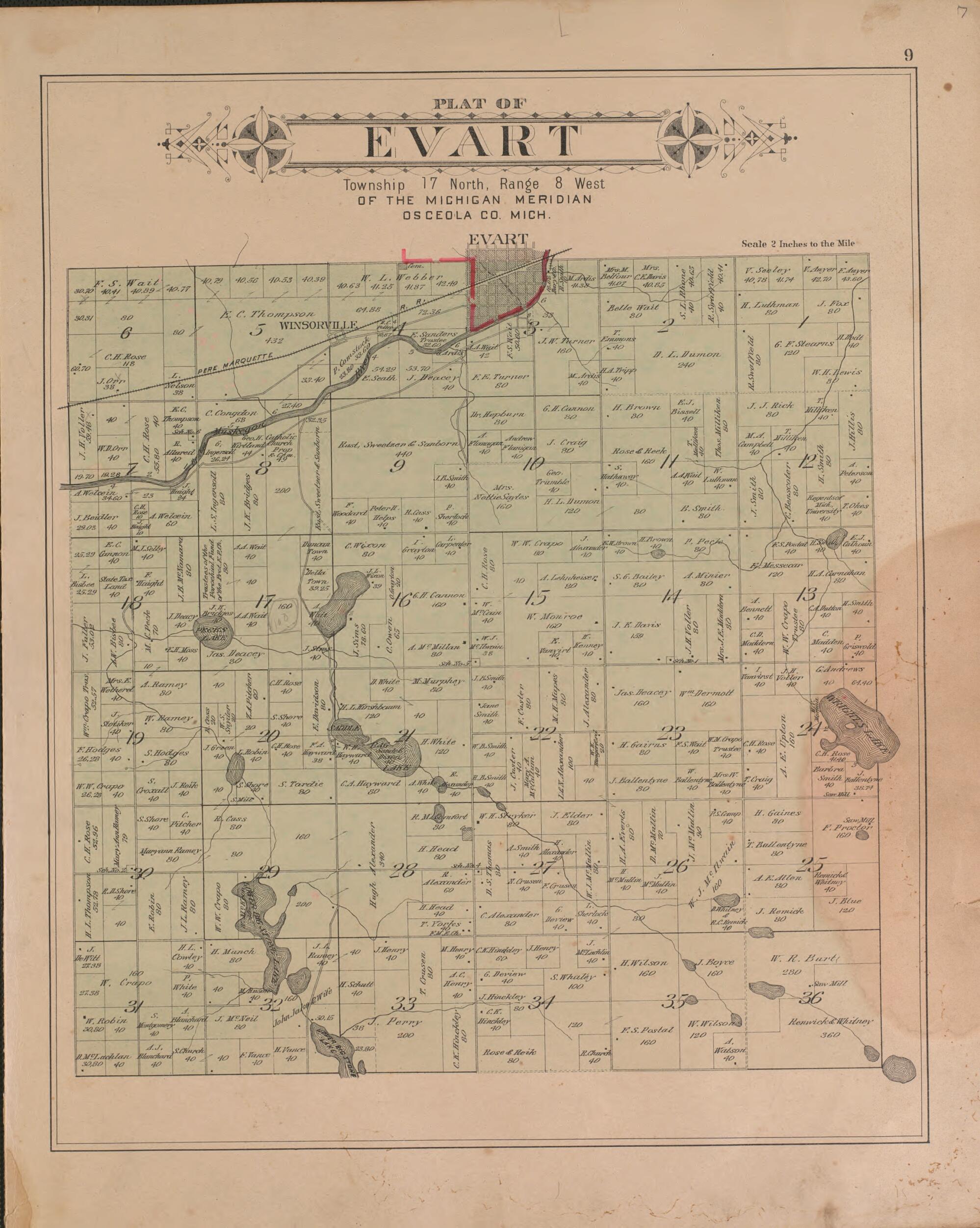 This old map of Evart from Plat Book of Osceola County, Michigan from 1900 was created by  P.A. &amp; J.W. Myers (Firm) in 1900