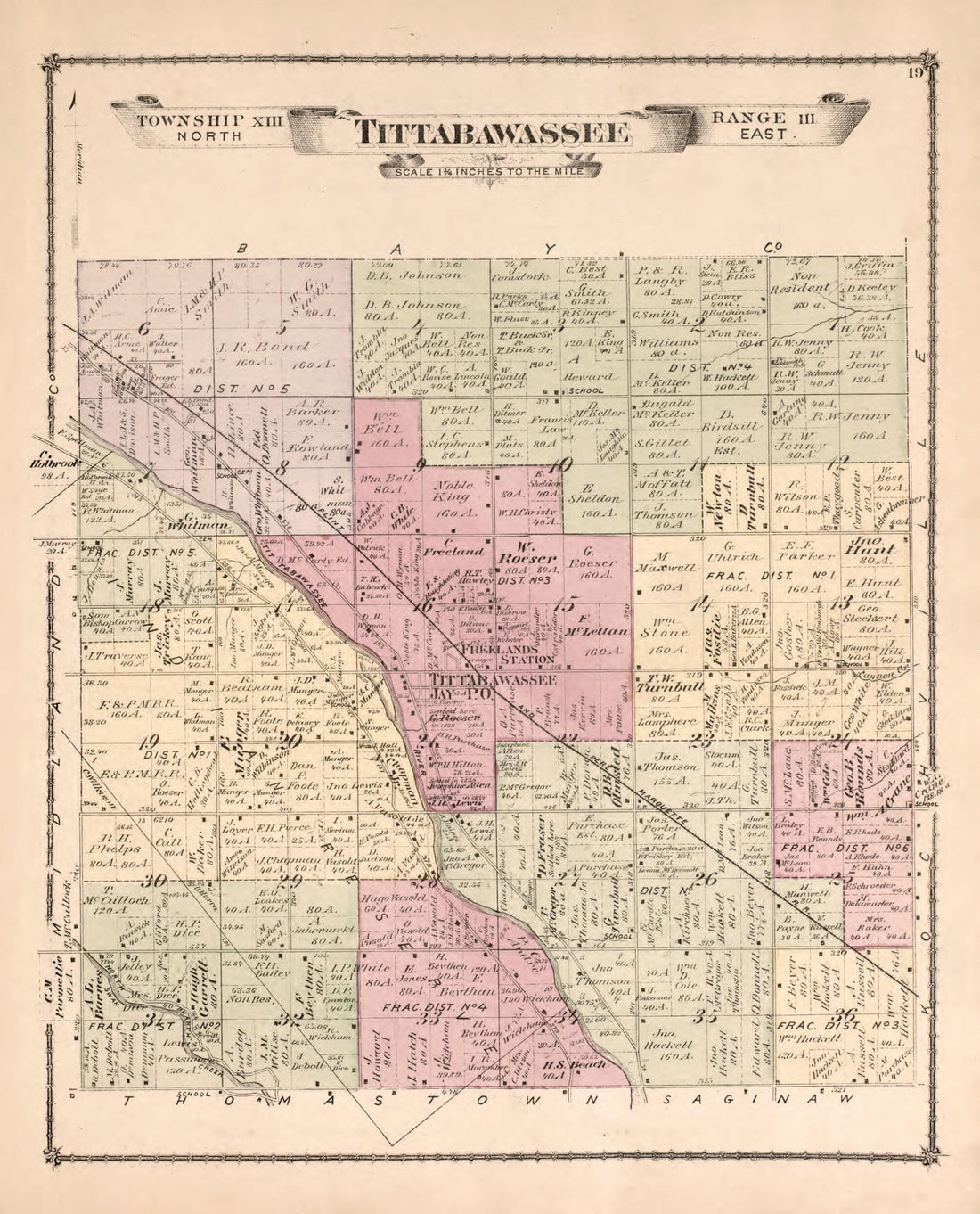 This old map of Tittabawassee Township from Atlas of Saginaw County, Mich from 1877 was created by Louis E. Neumann in 1877