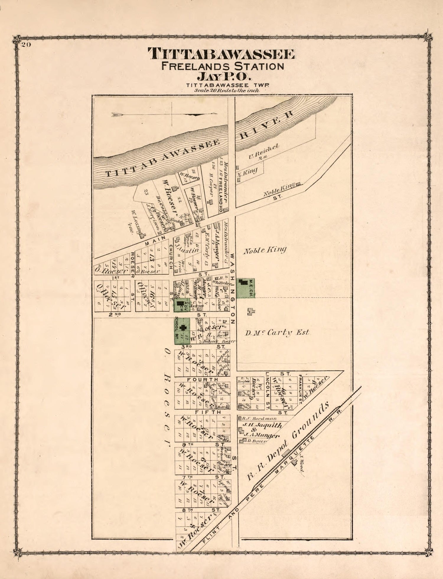 This old map of Tittabawassee Freelands Station from Atlas of Saginaw County, Mich from 1877 was created by Louis E. Neumann in 1877