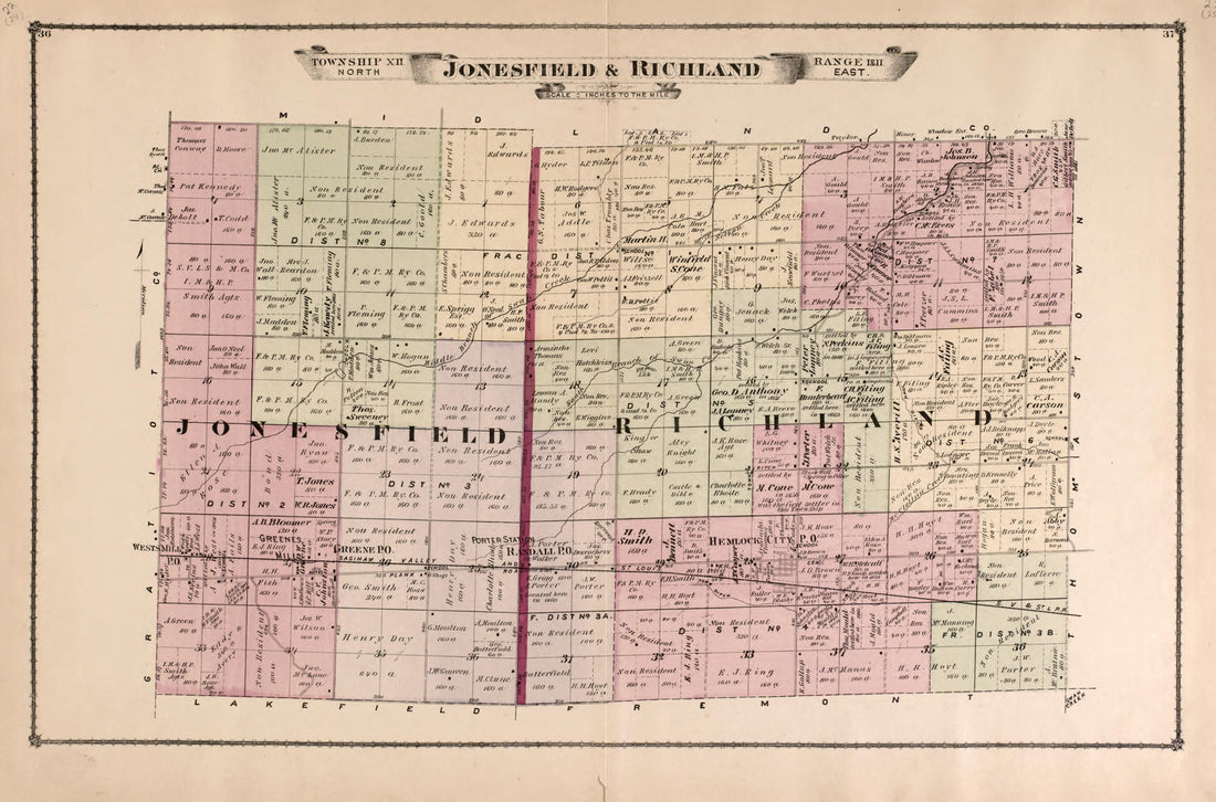 This old map of Jonesfield and Richland Townships from Atlas of Saginaw County, Mich from 1877 was created by Louis E. Neumann in 1877