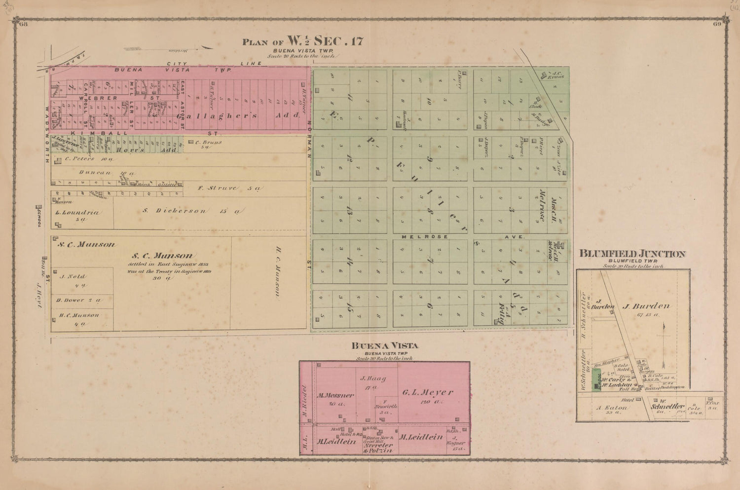 This old map of Plan of West 1/2 Sec. 17, Buena Vista, Blumfield Junction from Atlas of Saginaw County, Mich from 1877 was created by Louis E. Neumann in 1877